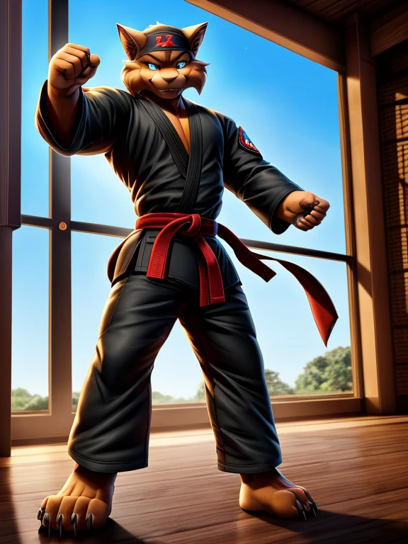 Barefoot Jason Clawson is doing a kick with his leg, wearing black karate kimono with red belt, red Headband bandana, long pants with heel grip, long karate kimono pants, training karate in gym, green glow in his eyes, brainwashed look. high resolution, anatomically correct, evening sky outside the window, swat kats character, martial art pose, heroic muay thai stance pose, fighting stance, kung-fu stance, high kick karate pose, full body action pose, black kimono, black long pants, nice big fett paws with claws