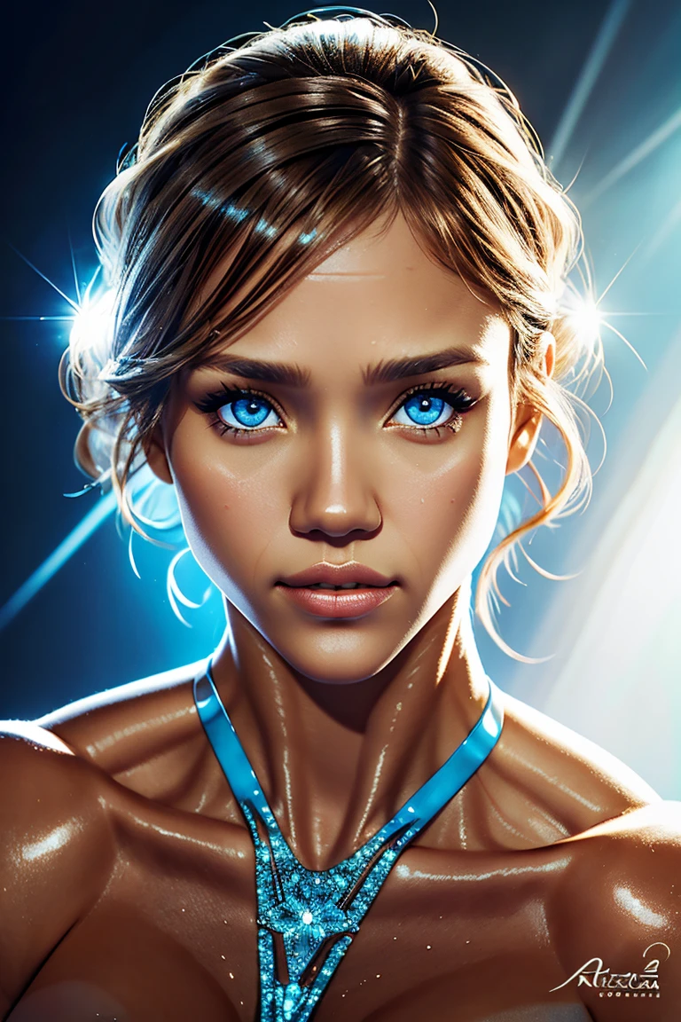 Jessica Alba, muscular physique, veins, wearing crystalline swimsuit transparent. professionally retouched, soft lighting, realistic, smooth face, perfect eyes, sharp focus on eyes, 8 k, high definition, insanely detailed, intricate, elegant. in a natural background.