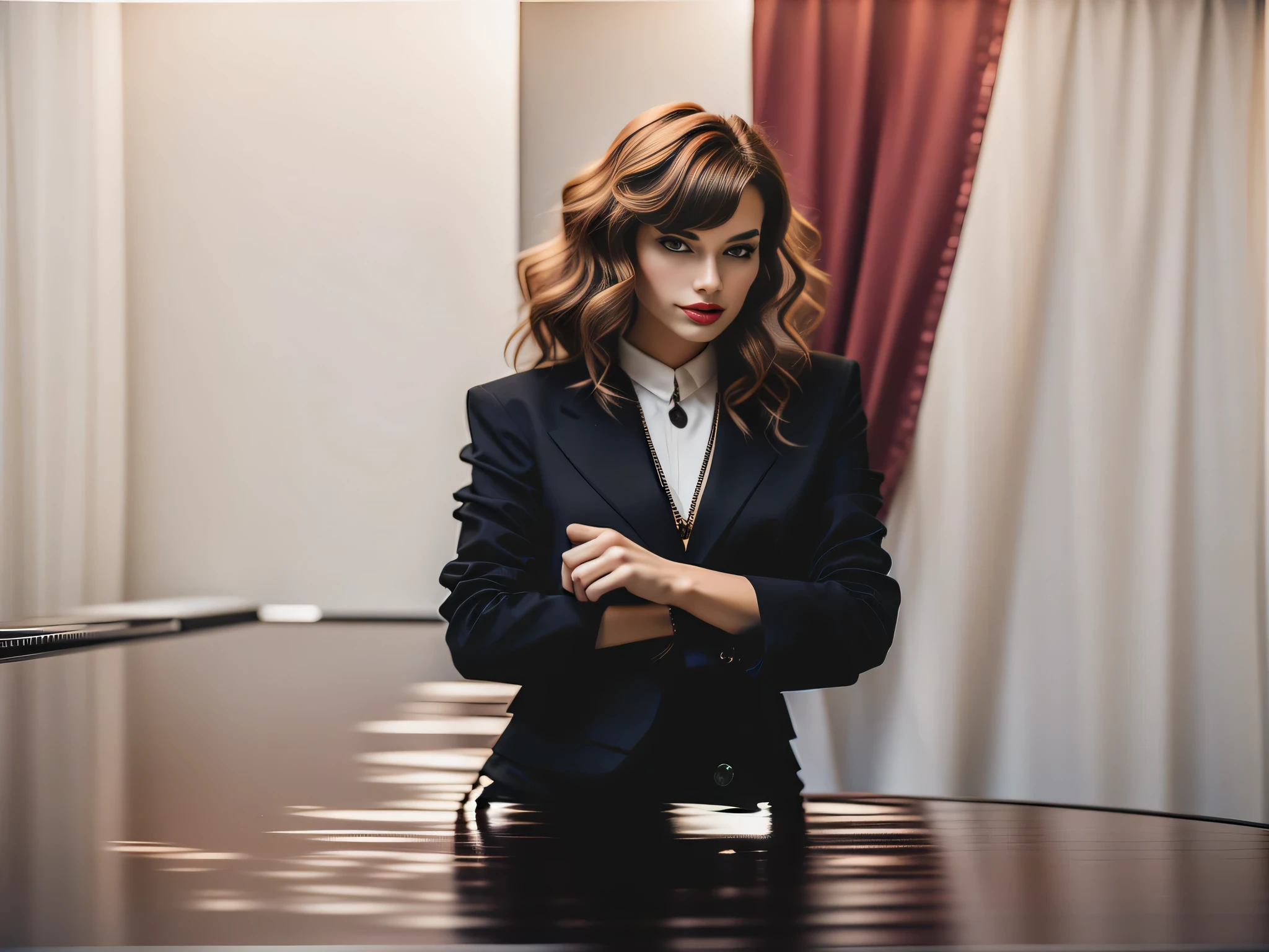 there is a woman with a black blazer and beige skirt. Ela tem 30 anos. Ela tem 162 cm de altura e seu corpo pesa 56 kg. Your body exudes glamor and your face is the definition of beauty. pernas bem torneadas. Altamente realista, pele avermelhada, beautiful lips, sorriso, feeling of lightness and joy, hiperrealismo, pele muito elaborada, olhar direto, trabalho de arte, alta qualidade, grande clareza, high resolution, 8k.