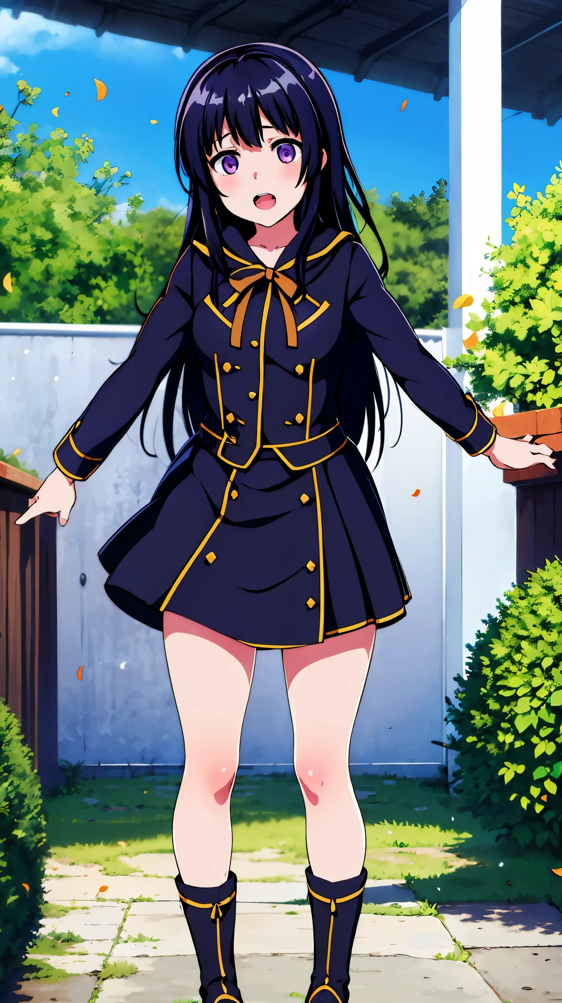 ((masterpiece, best quality, high quality)) flowers, shiny pillars, shiny butterflies, magical shiny garden, 1girl, solo, looking at the viewer, happy open mouth, black bear hoody, falling flowerpetals, standing , purple_eyes,  Shirokane Rinko
