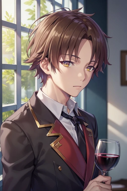 ayanokoji kiyotaka from the anime: clasroom of the elite .looking at viewer, upper body, wearing a black suit, holding a glass of wine, in a night city BREAK (masterpiece:1.2), best quality, high resolution, unity 8k wallpaper, (illustration:0.8), (beautiful detailed eyes:1.6), extremely detailed face, perfect lighting, extremely detailed CG, (perfect hands, perfect anatomy, perfect eyes, yellow eyes),
