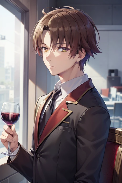 ayanokoji kiyotaka from the anime: clasroom of the elite .looking at viewer, upper body, wearing a black suit, holding a glass of wine, in a night city BREAK (masterpiece:1.2), best quality, high resolution, unity 8k wallpaper, (illustration:0.8), (beautiful detailed eyes:1.6), extremely detailed face, perfect lighting, extremely detailed CG, (perfect hands, perfect anatomy, perfect eyes, yellow eyes),
