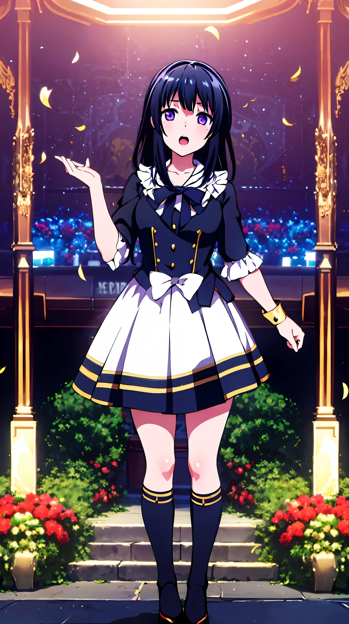 ((masterpiece, best quality, high quality)) flowers, shiny pillars, shiny butterflies, magical shiny garden, 1girl, solo, looking at the viewer, happy open mouth, black bear hoody, falling flowerpetals, standing , purple_eyes,  Shirokane Rinko