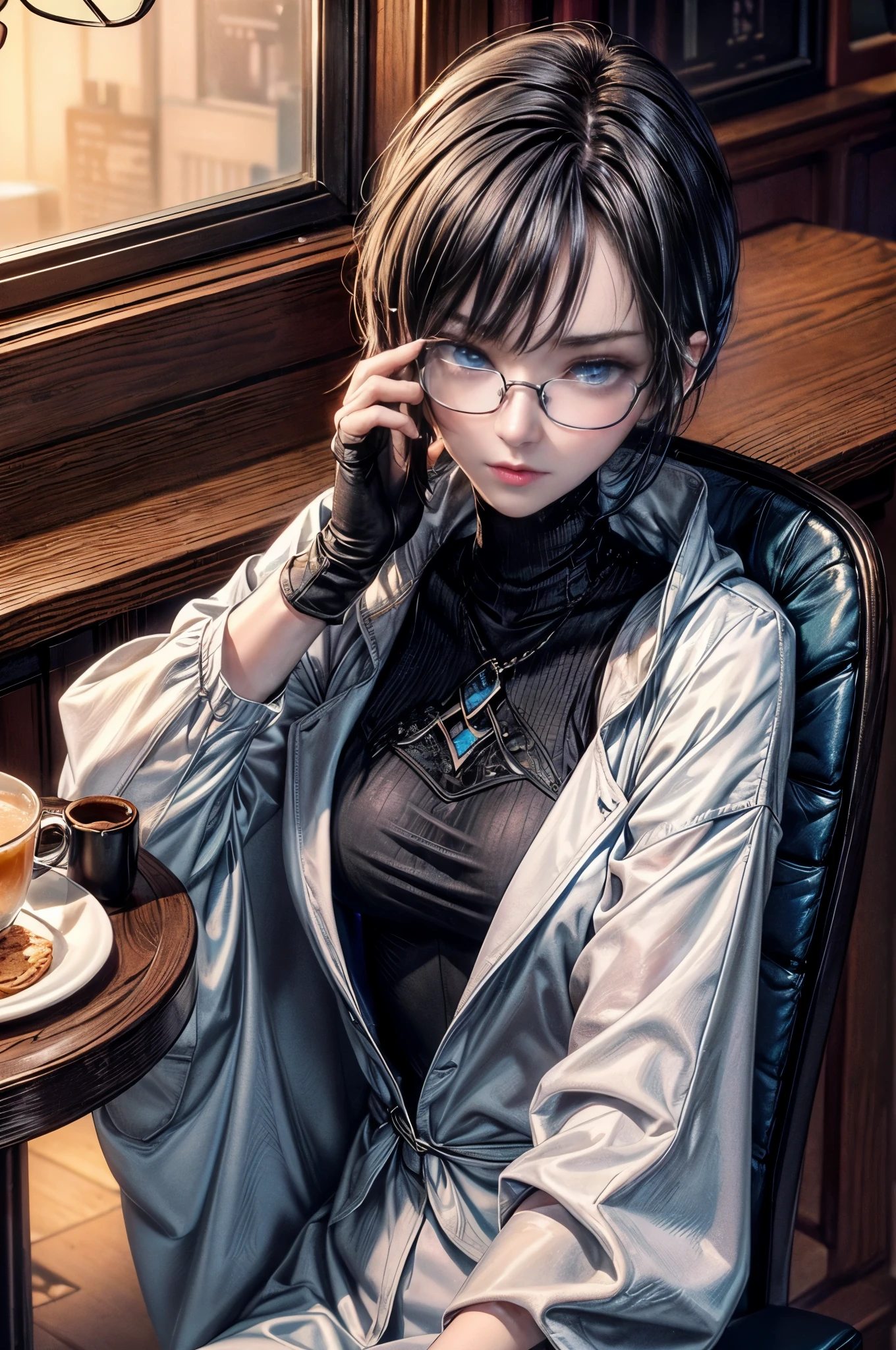 cinematic lighting、highly detailed skin,1 girl, highest quality,cyber punk,(dim color, soothing tone:1.3),(Beautiful woman、Detailed beautiful facial features、short black hair、blue eyes、Glasses、slender body:1.3)profile(Glasses:1.5)break.White thick coat for the winter、purple knit tops、leather style tight pants(iron table)(sit on a chair、hot coffee at hand:1.3)morning、早morning、仕事のmorning、カフェでmorning食を食べる