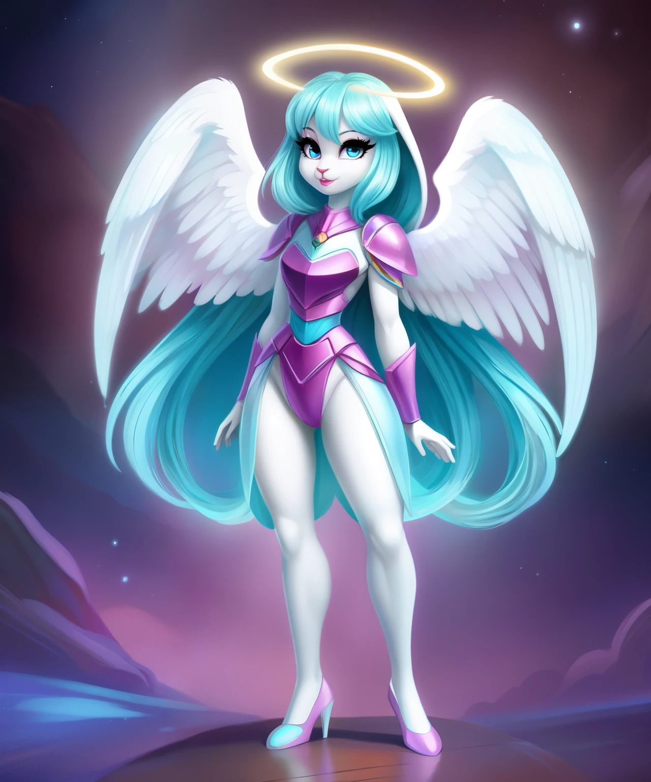 Andromeda the angelic female lop rabbit, light cyan fur, cyan hair, halo, white soft wings, guardian angel armor, pink lipstick, aquamarine eyes, cyan eyelashes, lop rabbit ears Disney cartoon, concept art, full body