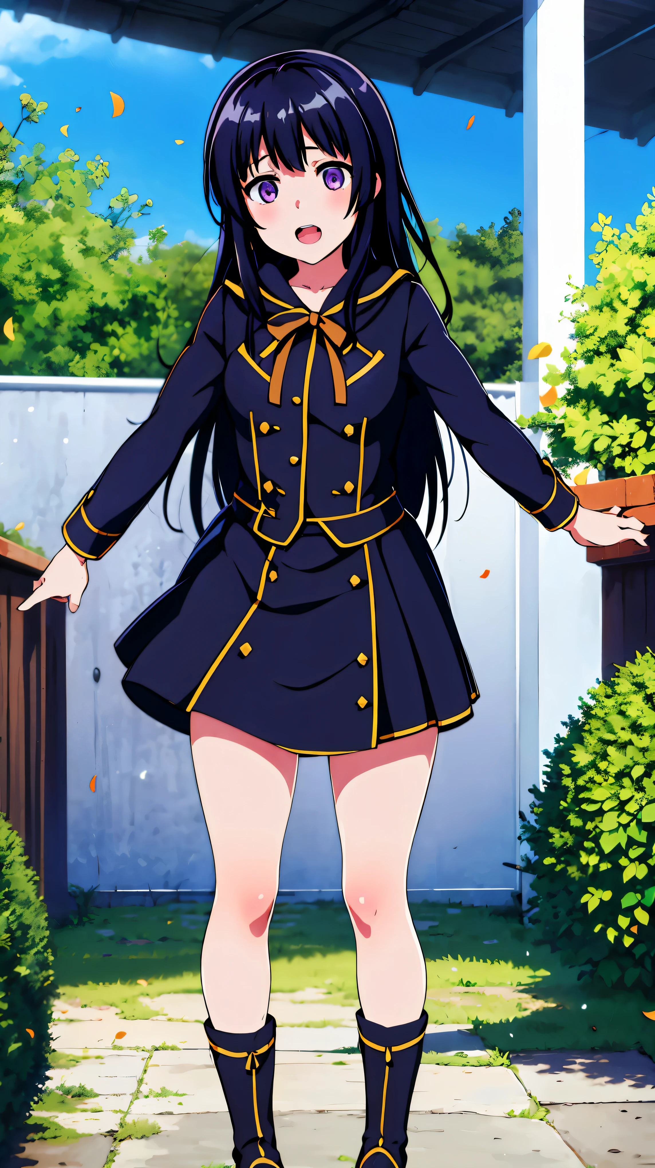 ((Masterpiece, Best quality, High quality)) Flowers, Shiny columns, Brilliant butterflies, Magical sparkling garden, 1girl, Single, Looking at the scenes, Happy open mouth, Black bear hoodie, سقوط بتلات الFlowers, Acquaintance , purple_eyes,  Shirokani Renko