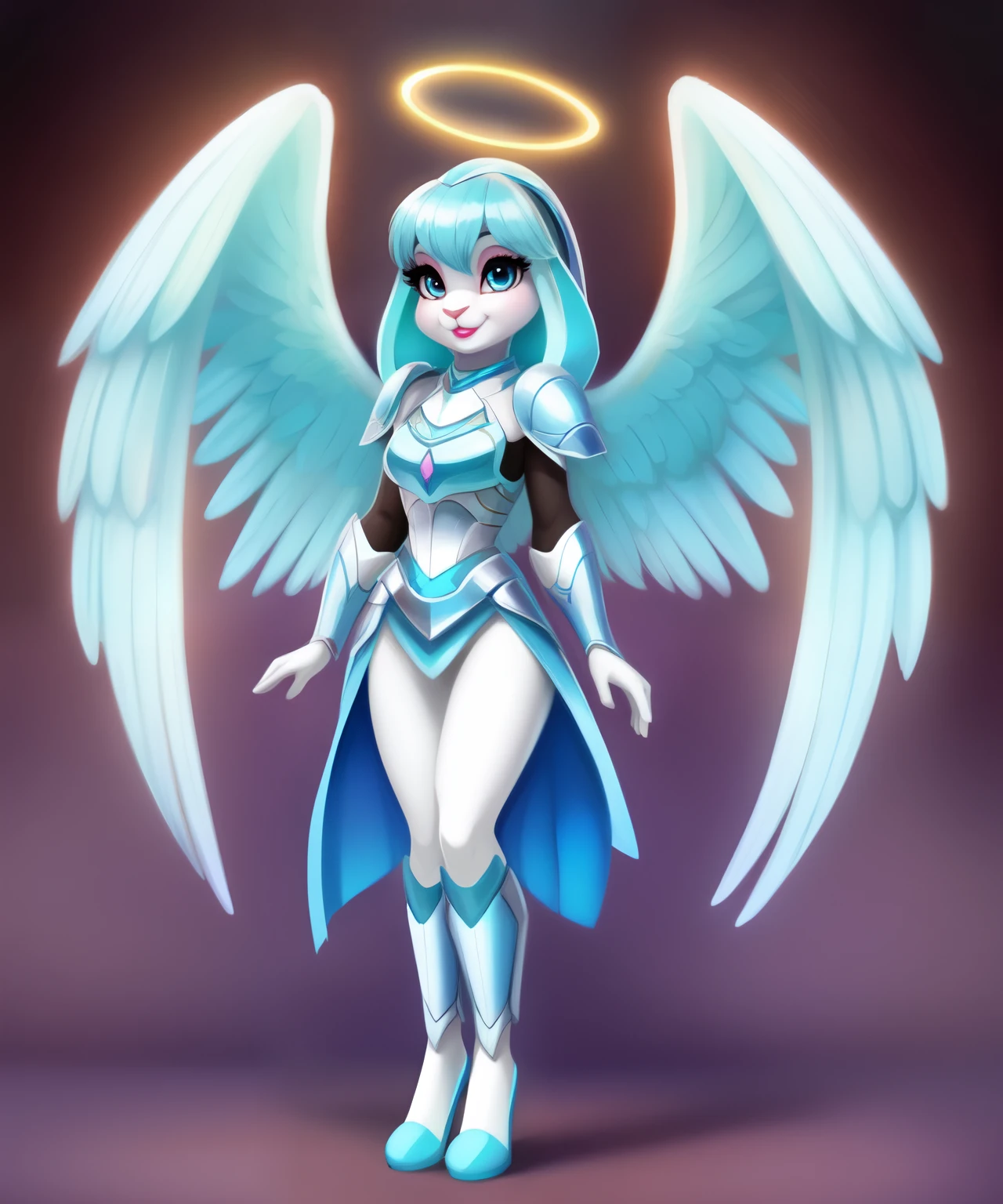 Andromeda the angelic female lop rabbit, light cyan fur, cyan hair, halo, white soft wings, guardian angel armor, pink lipstick, aquamarine eyes, cyan eyelashes, lop rabbit ears Disney cartoon, concept art, full body