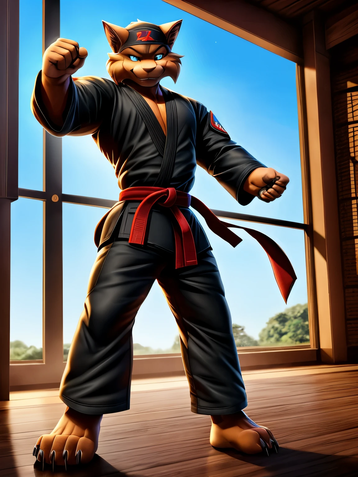 Barefoot Jason Clawson is doing a kick with his leg, wearing black karate kimono with red belt, red Headband bandana, long pants with heel grip, long karate kimono pants, training karate in gym, green glow in his eyes, brainwashed look. high resolution, anatomically correct, evening sky outside the window, swat kats character, martial art pose, heroic muay thai stance pose, fighting stance, kung-fu stance, high kick karate pose, full body action pose, black kimono, black long pants, nice big fett paws with claws