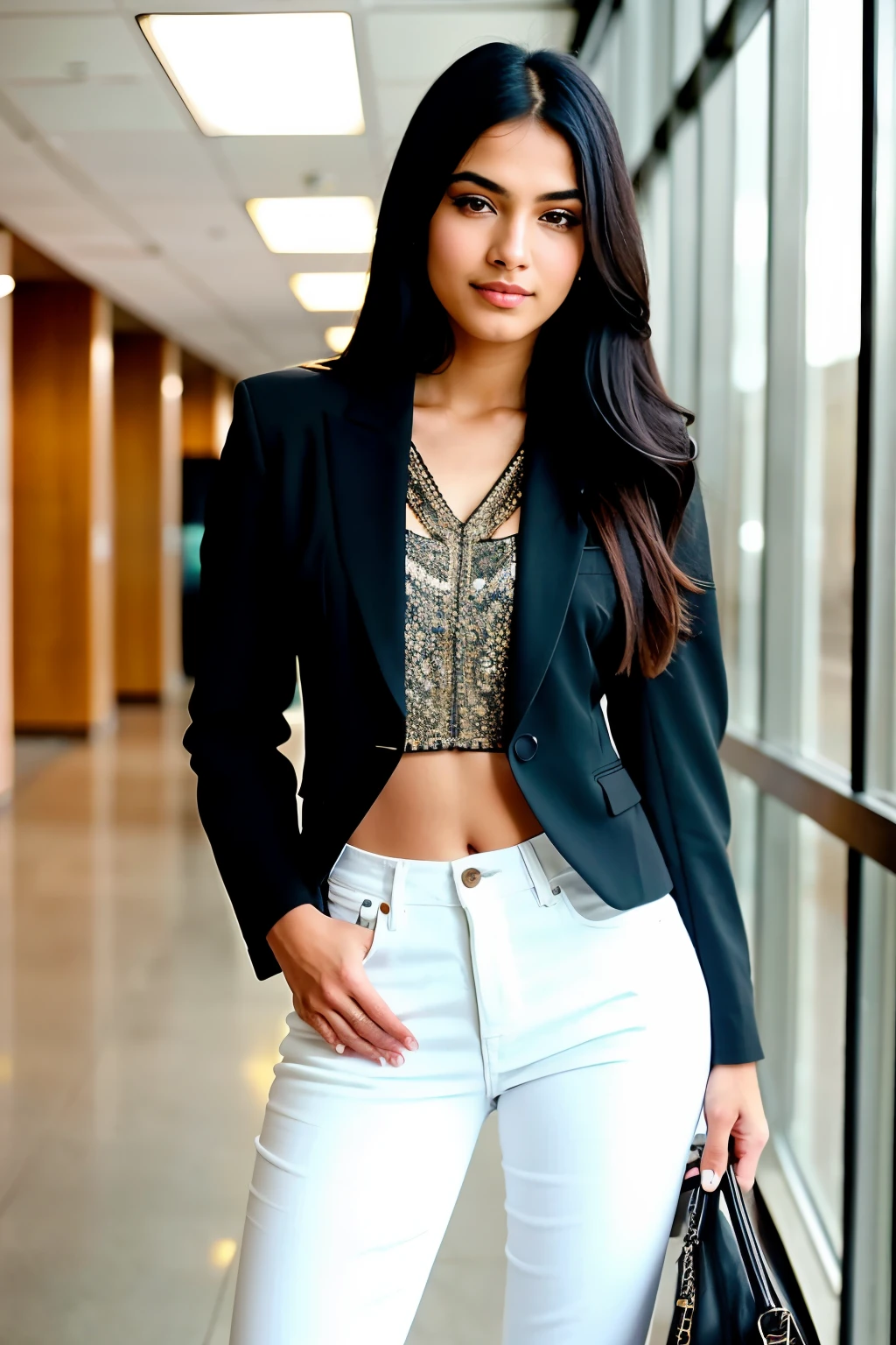 Beautiful Indian girl with long black hair, showcasing her full body in a stylish ensemble consisting of a Western-inspired top, a fashionable jacket, fitted jeans, and high heels. At the age of 23, she stands confidently in an office setting. The image is captured with exceptional detail, featuring her flawless complexion, realistic skin texture, and captivating eyes. Shot in high resolution, this masterpiece showcases intricate details, sharp focus, and a professional touch. The photo_\(ultra\), taken with a Canon camera and an 85mm lens, beautifully highlights her charming smile and showcases the shallow depth of field. The Kodak Vision color enhances the overall aesthetic, while the post-processing adds a touch of realism. This photograph exudes a sense of elegance