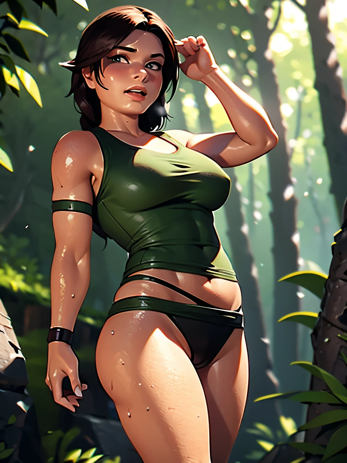 Nsfw, Lara Croft, rise of The tomb raider, (master part, 4k resolution, ultra-realistic, altamente detalhado), corpo perfeito, anatomia correta, textura de pele detalhada, rosto perfeito, cabelo realista, olhos corretos, fundo detalhado, pele oleosa, expression of pleasure, standing