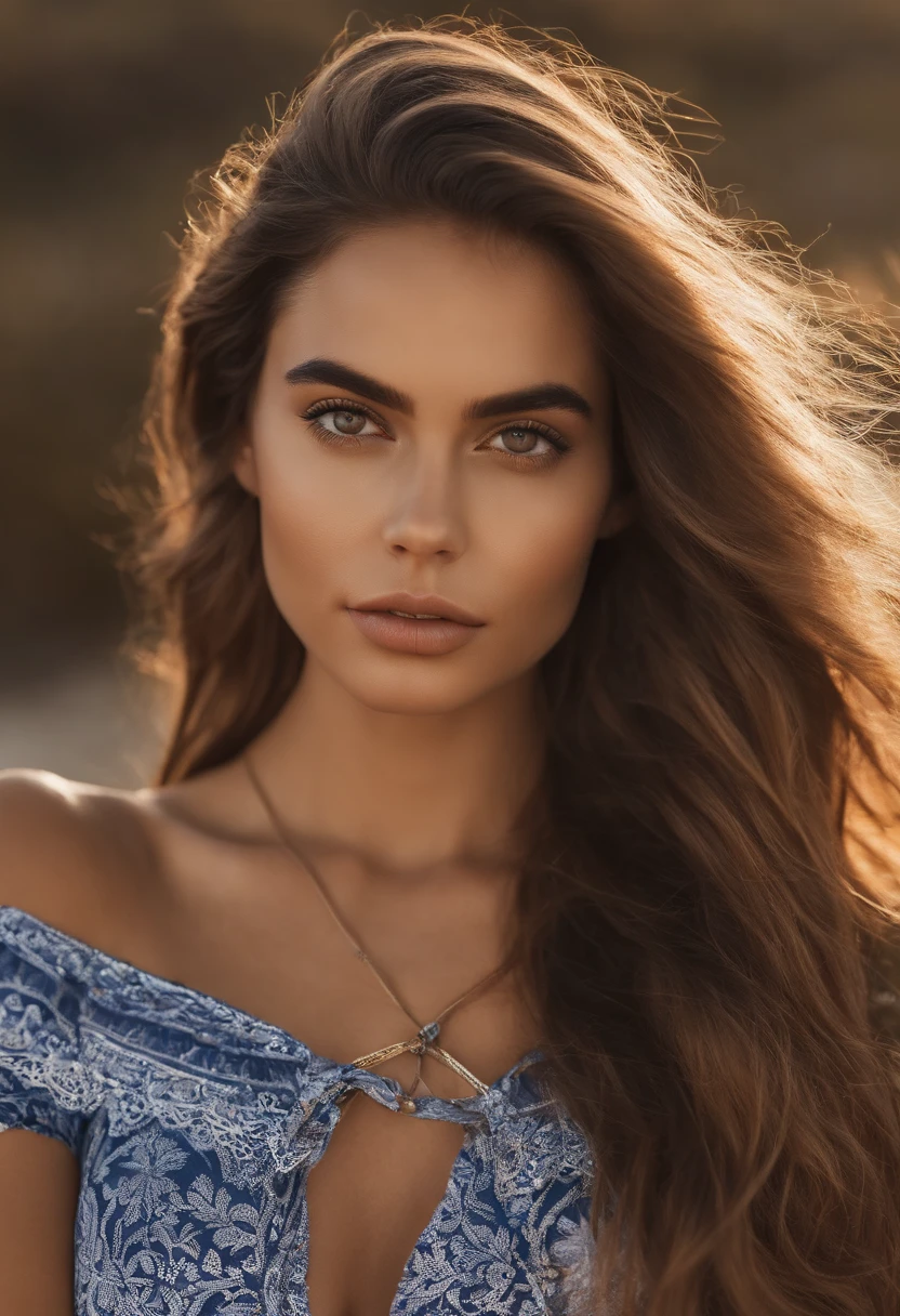 Photographie dune fille magnifique brune avec des yeux bleu, type latine , cheveux longs, belle poitrine, Watch the camera, hyper realistic, Tanned skin