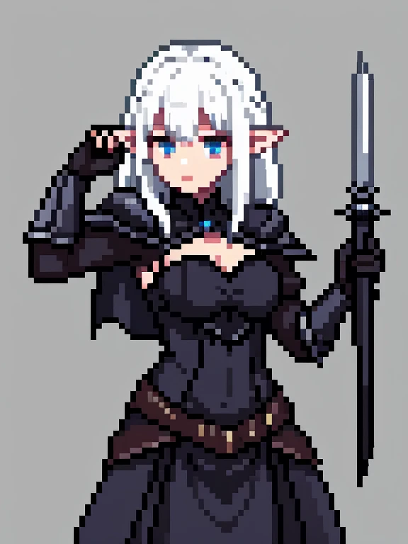 Dark female elf fantasy warrior with white hair,  dark skeen holding a dagger in a tabern, best quiality