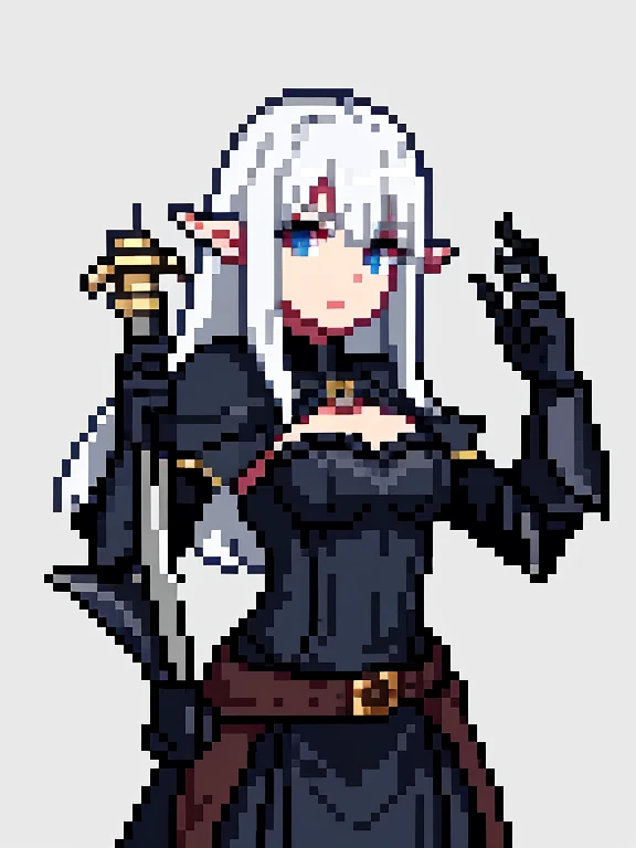 Dark female elf fantasy warrior with white hair, dark skeen holding a dagger in a tabern, best quiality