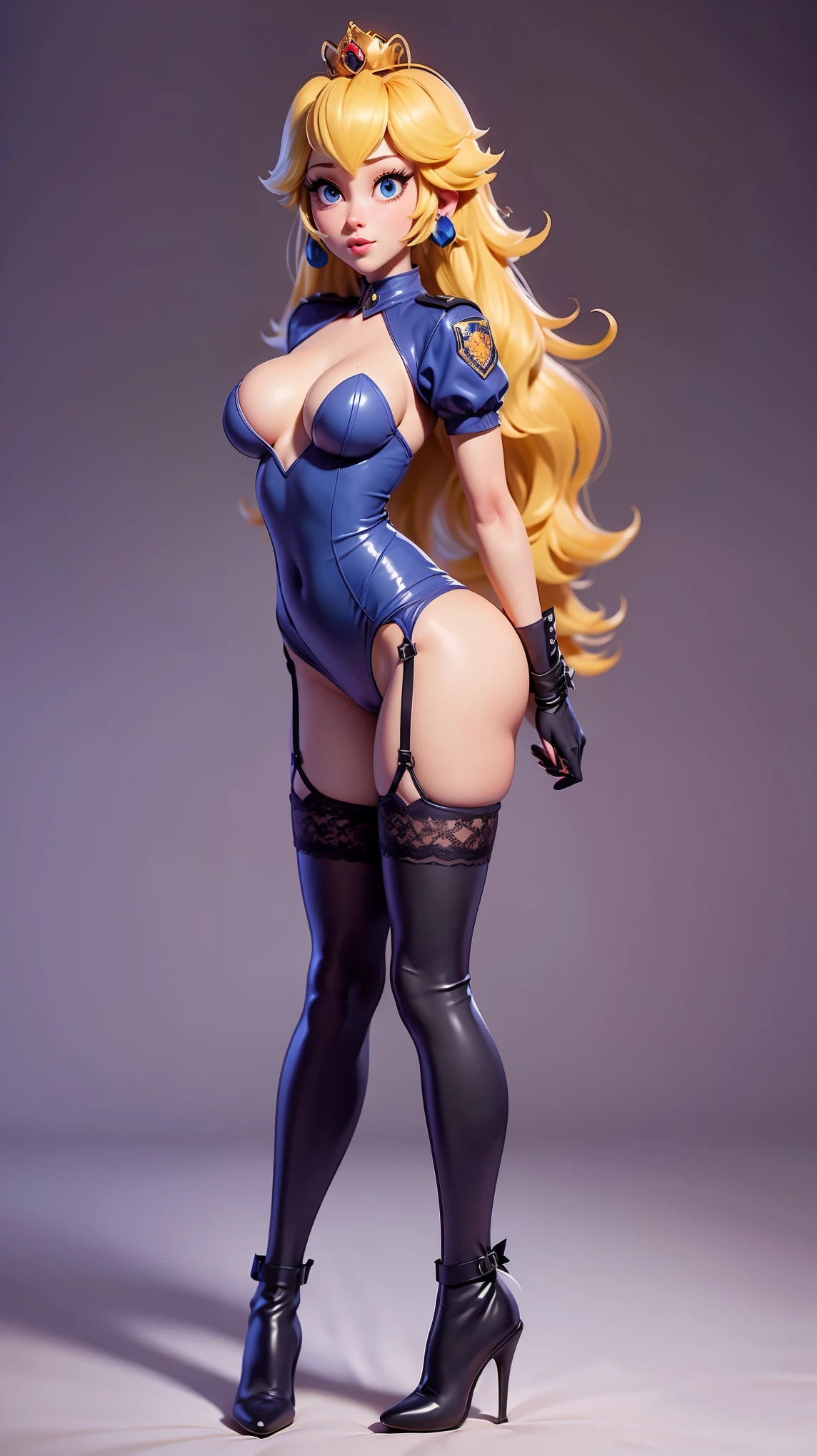 1girl, princess peach, solo, long hair, yellow hair, blue eyes, (sexual vice police, bdsm police uniform, bondage), spandex outfit, looking at viewer, (detailed background, bedroom), adult roleplaying, closed mouth, ribbon, hair ribbon, small breast, full body, sexy legs in tight boots, stockings, high heels, seductive, lace lingerie, flirting, offering her body, shameless, ((Lust)), (perfect arms, perfect legs), explicit,