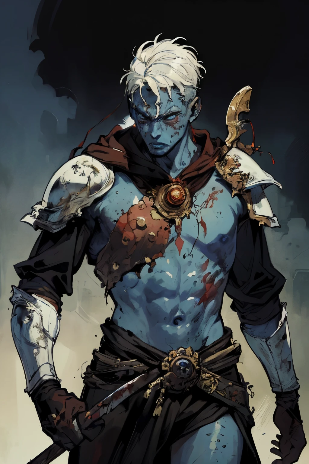 masterpiece:1.2, best quality, ultra detailed,  absurdres, blood splatter,  (action shot), archer, wearing layers of elegant armor, hood crown, Leper King, centered, in the style of  Kentaro Miura, (blue skin),  white hair, disfigured face, 1male,male_focused, 