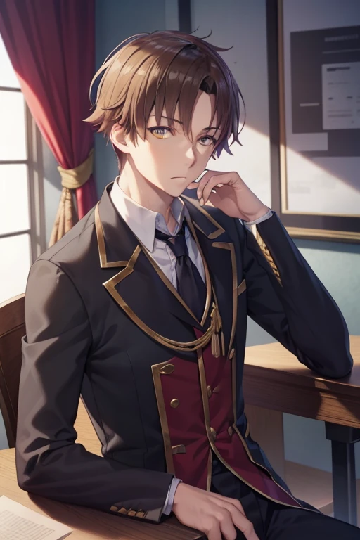 ayanokoji kiyotaka from the anime: clasroom of the elite .looking at viewer, upper body, wearing a black suit, holding a glass of wine, BREAK night city, throne of a king, BREAK (masterpiece:1.2), best quality, high resolution, unity 8k wallpaper, (illustration:0.8), (beautiful detailed eyes:1.6), extremely detailed face, perfect lighting, extremely detailed CG, (perfect hands, perfect anatomy, perfect eyes, yellow eyes),