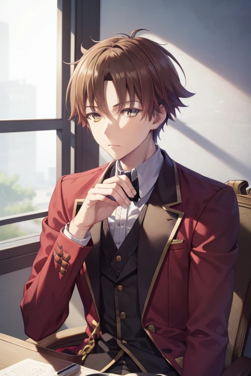 ayanokoji kiyotaka from the anime: clasroom of the elite .looking at viewer, upper body, wearing a black suit, holding a glass of wine, BREAK night city, throne of a king, BREAK (masterpiece:1.2), best quality, high resolution, unity 8k wallpaper, (illustration:0.8), (beautiful detailed eyes:1.6), extremely detailed face, perfect lighting, extremely detailed CG, (perfect hands, perfect anatomy, perfect eyes, yellow eyes),
