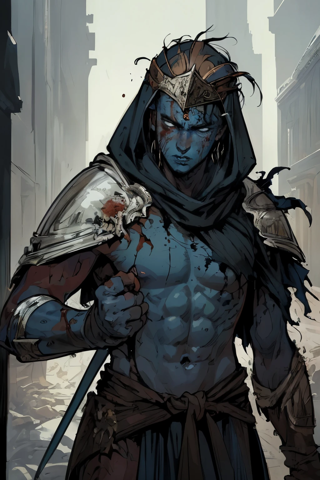 masterpiece:1.2, best quality, ultra detailed, absurdres, blood splatter, (action shot), archer, wearing layers of elegant armor, headdress over hood, Leper King, centered, in the style of Kentaro Miura, (blue skin), white hair, disfigured face, 1male,male_focused,