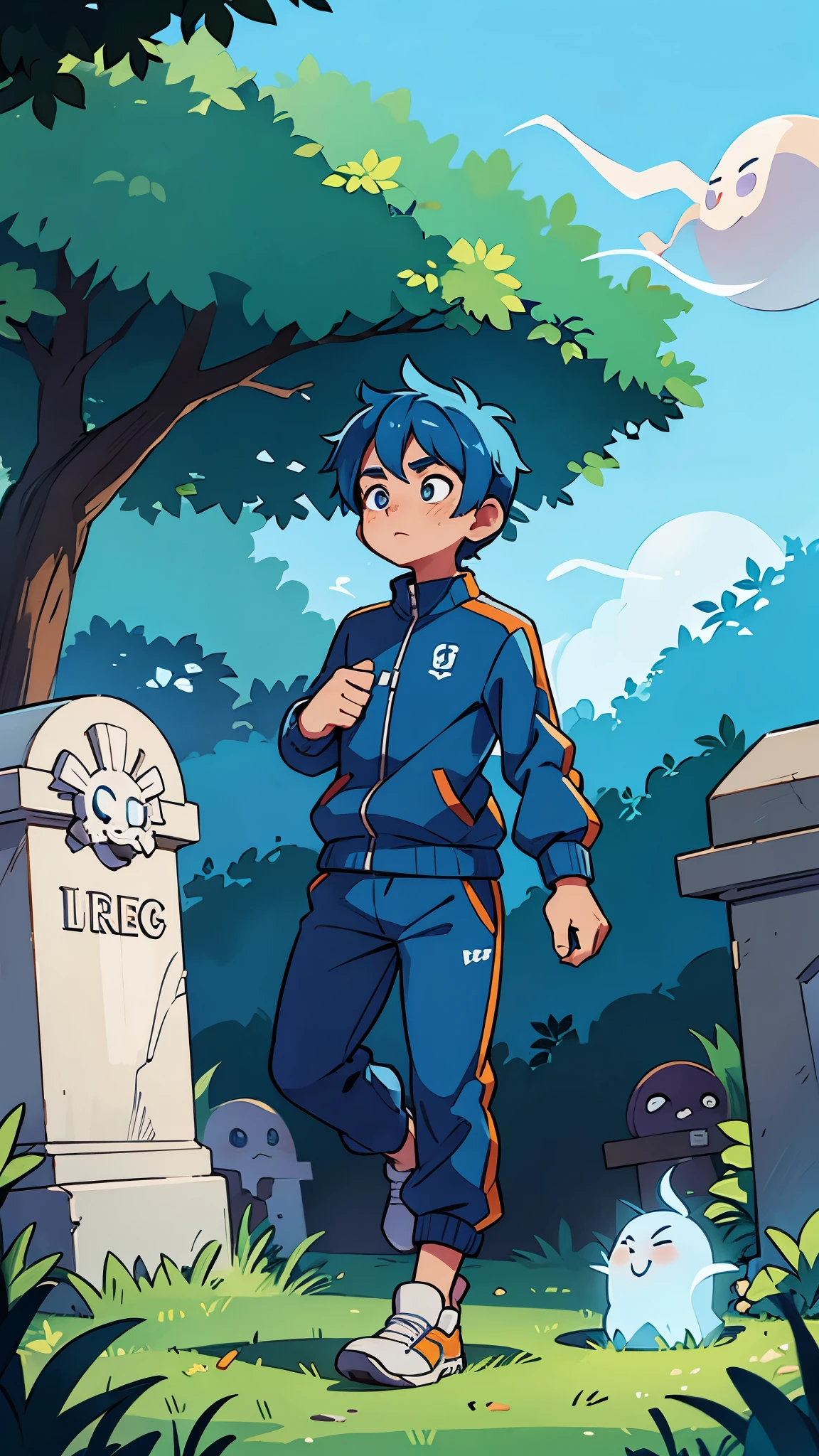 1 blue  haired male , ghost , in a graveyard , wearing a tracksuit 