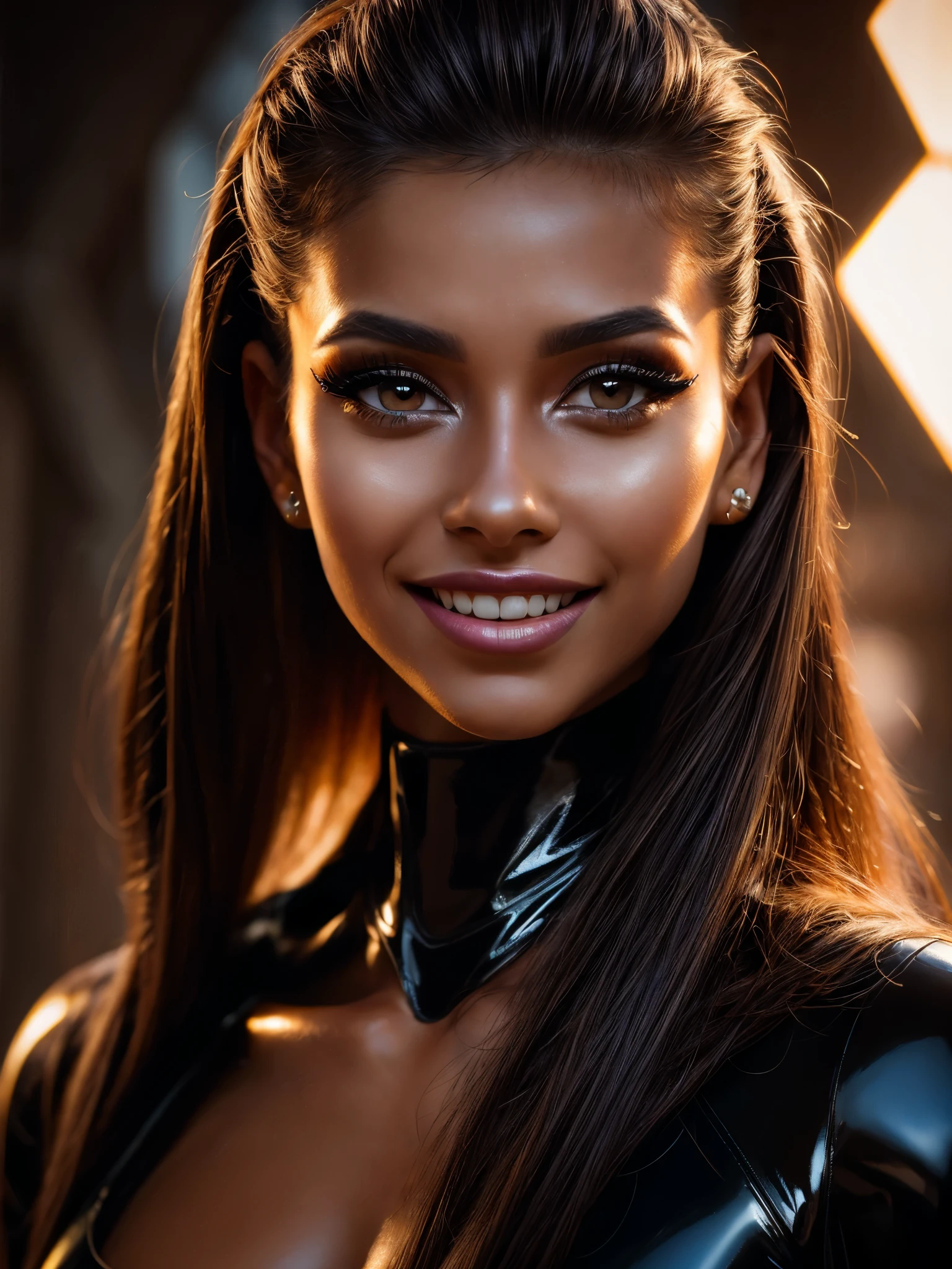 A portrait of a woman (Cristy Ren), (makeup:1.4), amazing body, (fit body:1.2), (warm smile:1.4), latex outfit, highly detailed fur, natural skin texture, 4k textures, detailed belly, Highly detailed perfect , Lightroom, Intricate, Ultra-Realistic, Out There, (HDR:1.3), UHD, (Intricate Detail, Hyper-Detailed:1.1), Cinematic, Photoreal, (Dark Shot:1.2), Dramatic, High Contrast, (Warm Color:1.1) , muted colors, master piece, elegant, sharp focus,