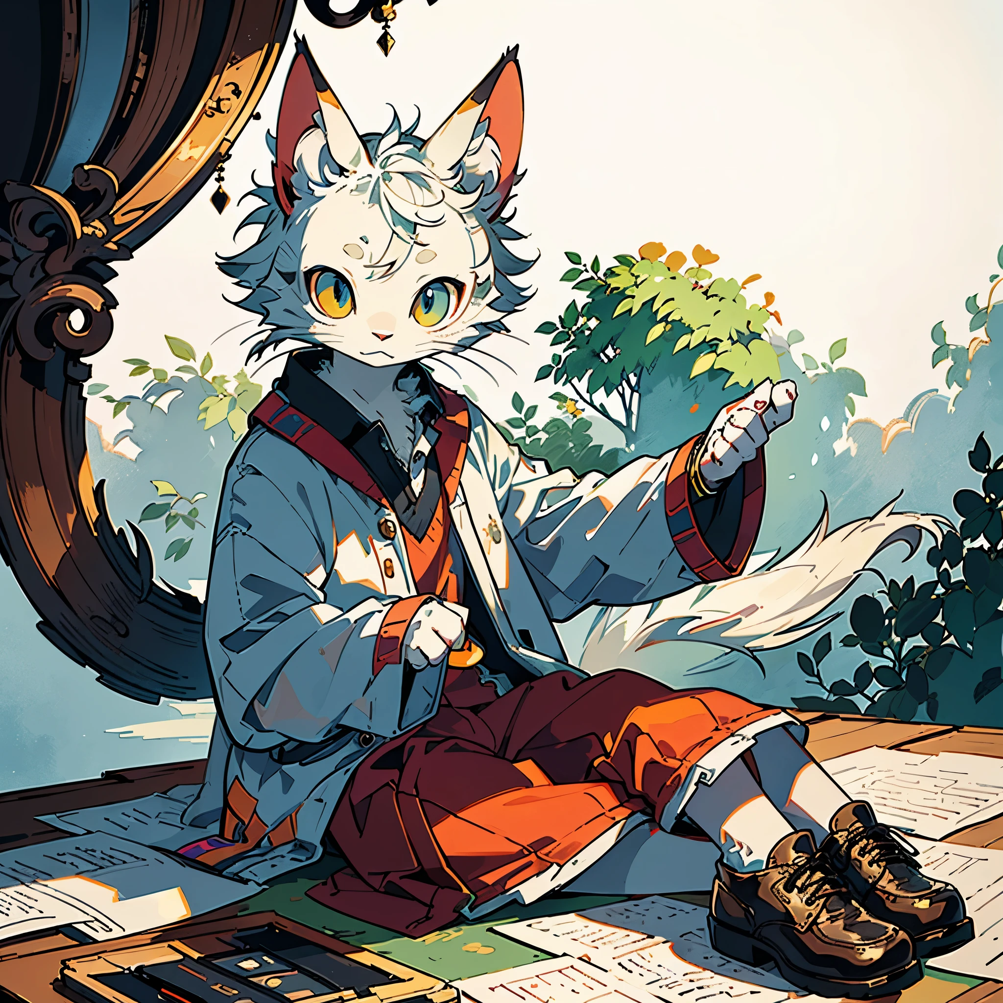 Masterpiece, beloved character, eraser cat, adorable, solitary, wearing red and white striped sweater, black button-up shoes, patchwork quilt background, highest quality, realistic, ultra-detailed, shiny, lifelike eyes with smudged whites, short whiskers, long bushy tail, sitting on a desk, engaging expression, high resolution, sharp focus, impressive textures, wide eyeballs with exacting detail, accurate shading, whimsical, detailed environment, imaginative, captivating, inspired by children's books, soothing color palette, charming, affordable print or wall art.