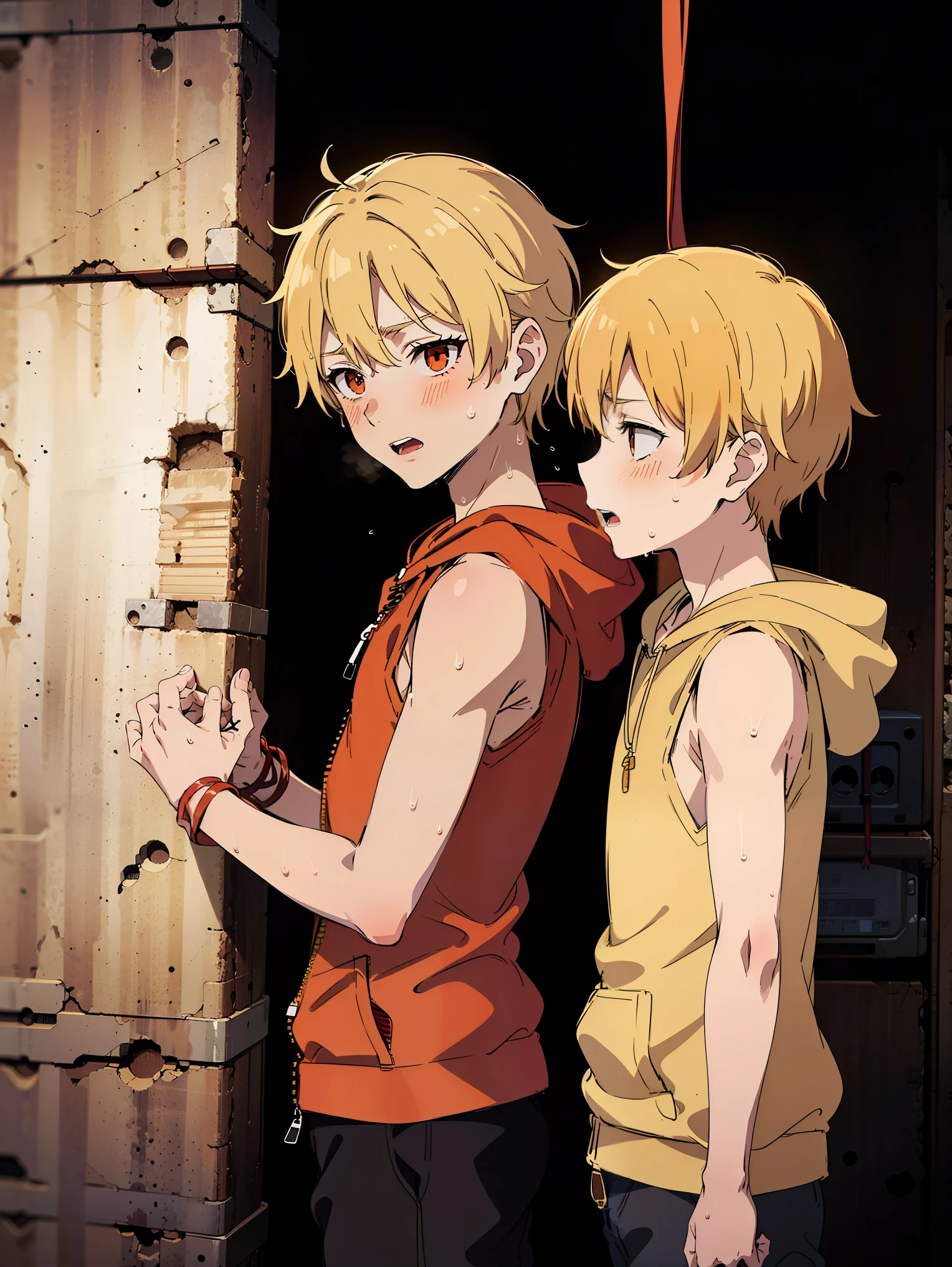 Highres, Masterpiece, Best quality at best,Best Quality,hight quality, hight detailed, 1boy, Shota, Blonde, Orange hoodie with red stripes, Sleeveless hoodie, open zipper, Bdsm, Tied wrists, ( boy), (very small and short body), 12-year-olboyhanso Sweat