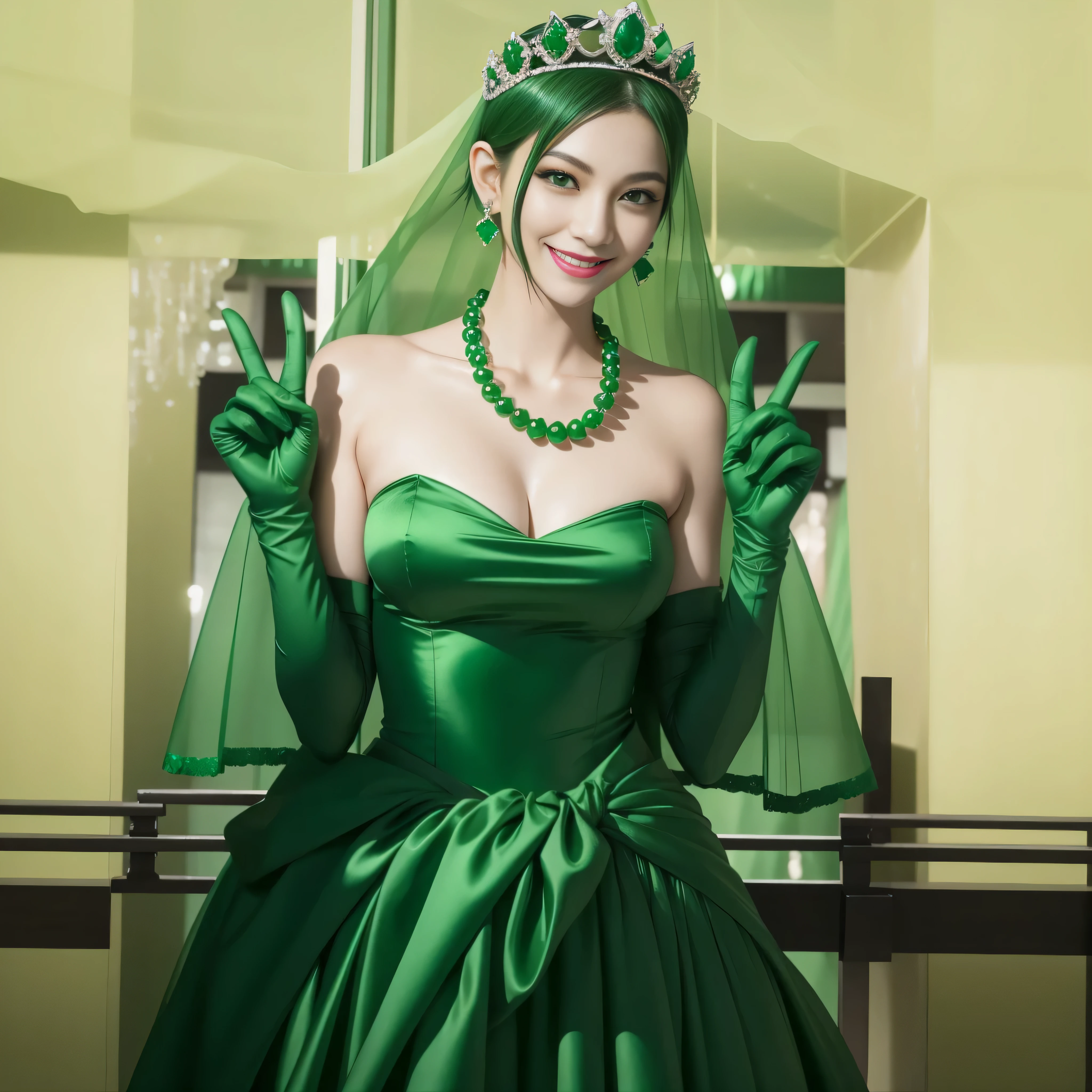 emerald tiara, green pearl necklace, boyish very short green hair, lipstick, smiling Japanese woman, very short hair, big breasts beautiful, green eyes, Long Green Satin Gloves, green eyes, V sign, emerald earrings, green veil