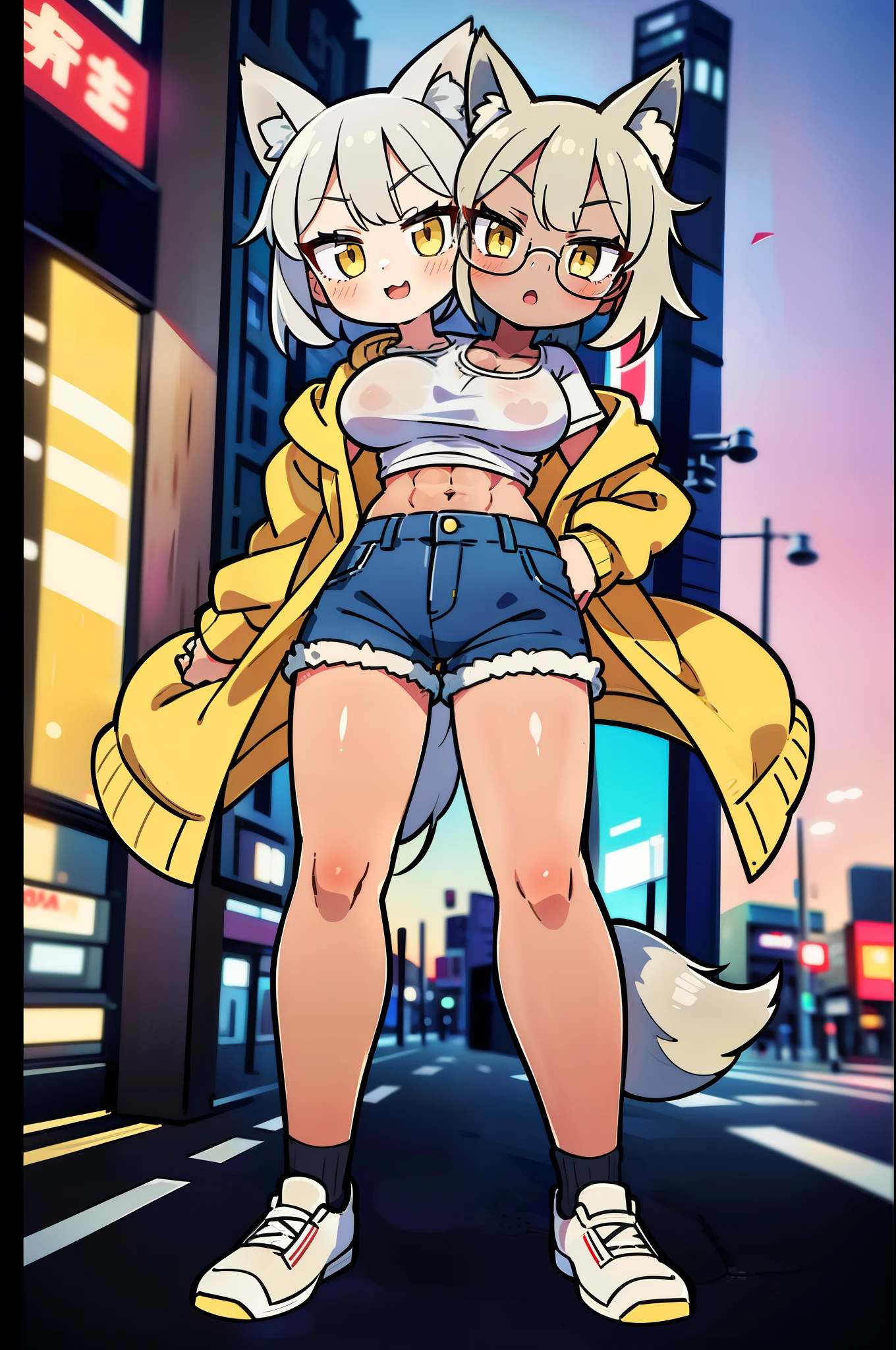 1girl, mature woman, dark skin, yakuza girl, open jacket, t-shirt, unbuttoned denim shorts, abs, sunglasses, (wolf ears), ((wolf tail)), jacket, yellow eyes, grey hair, city, (2heads:1.3), absurdres, high quality, masterpiece, city streets, beautiful background, arms crossed, dynamic pose, beautiful face, full body