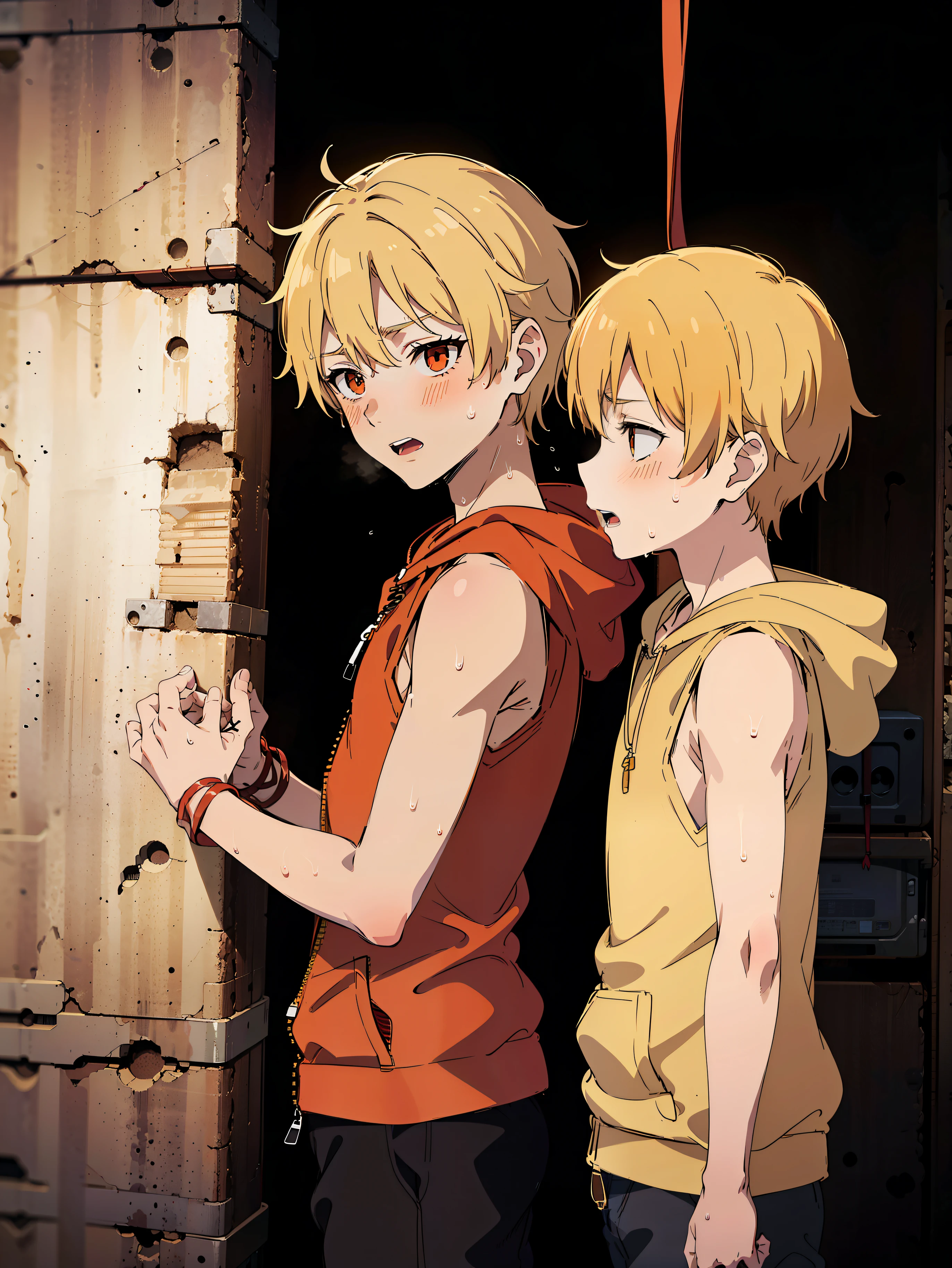 Highres, Masterpiece, Best quality at best,Best Quality,hight quality, hight detailed, 1boy, Shota, Blonde, Orange hoodie with red stripes, Sleeveless hoodie, open zipper, Bdsm, Tied wrists, ( boy), (very small and short body), 12-year-olboyhanso Sweat