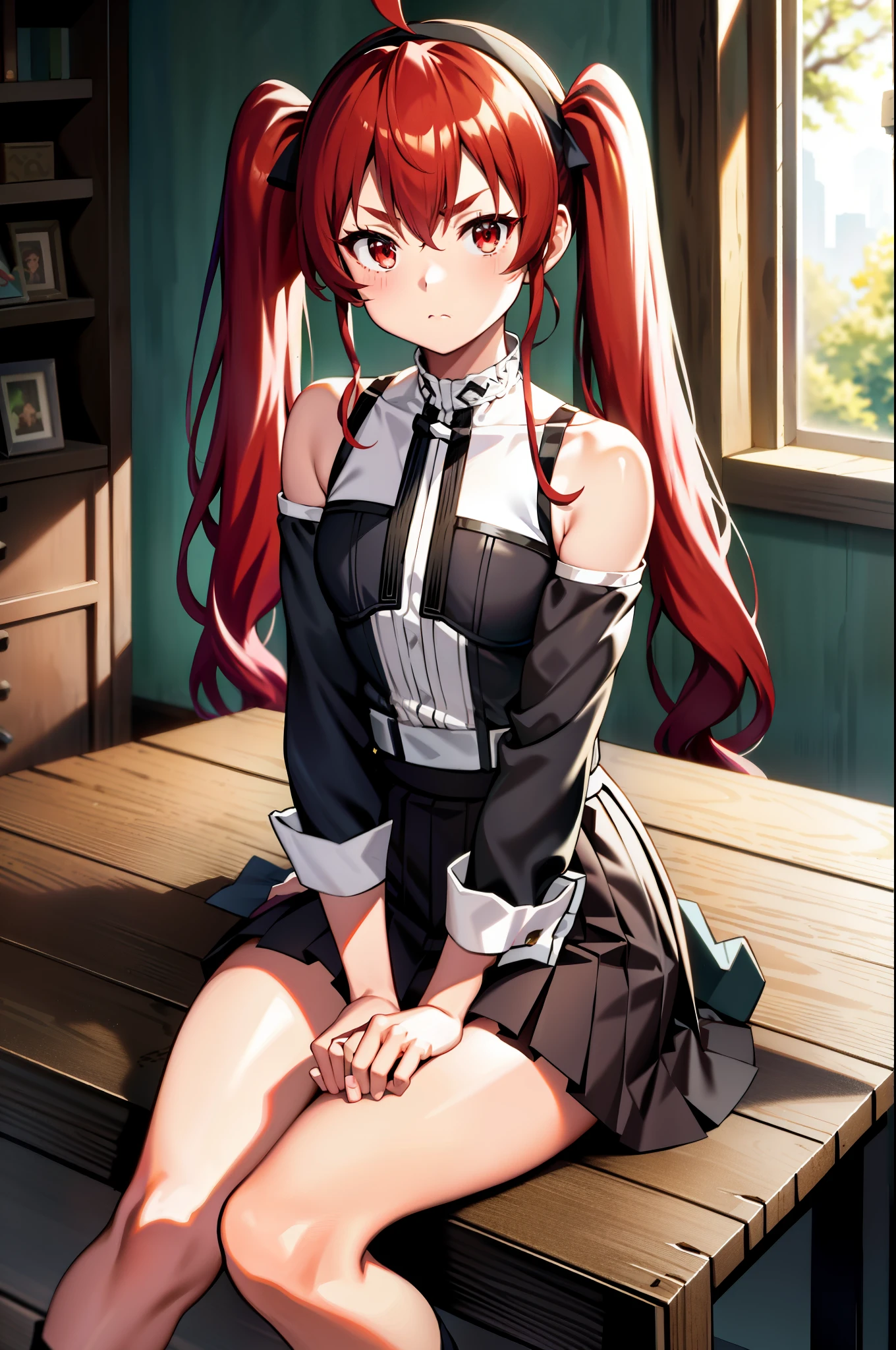 Eris Greyrat, (1 girl:1.3), solo, Ahoge, bangs, bare shoulders, black hair band, closed mouth, clothing clippings, sit on a chair, (hand between legs:1.3), hair between eyes, hair band, long hair, long sleeve, looking at the viewer, red eyes, redhead, shoulder cutout, Background of the mansion, ruffle skirt, (Skirt below the knee:1.3), alone, High resolution, Harm, mushoku tensei, cowboy shot, (twin tails:1.3)