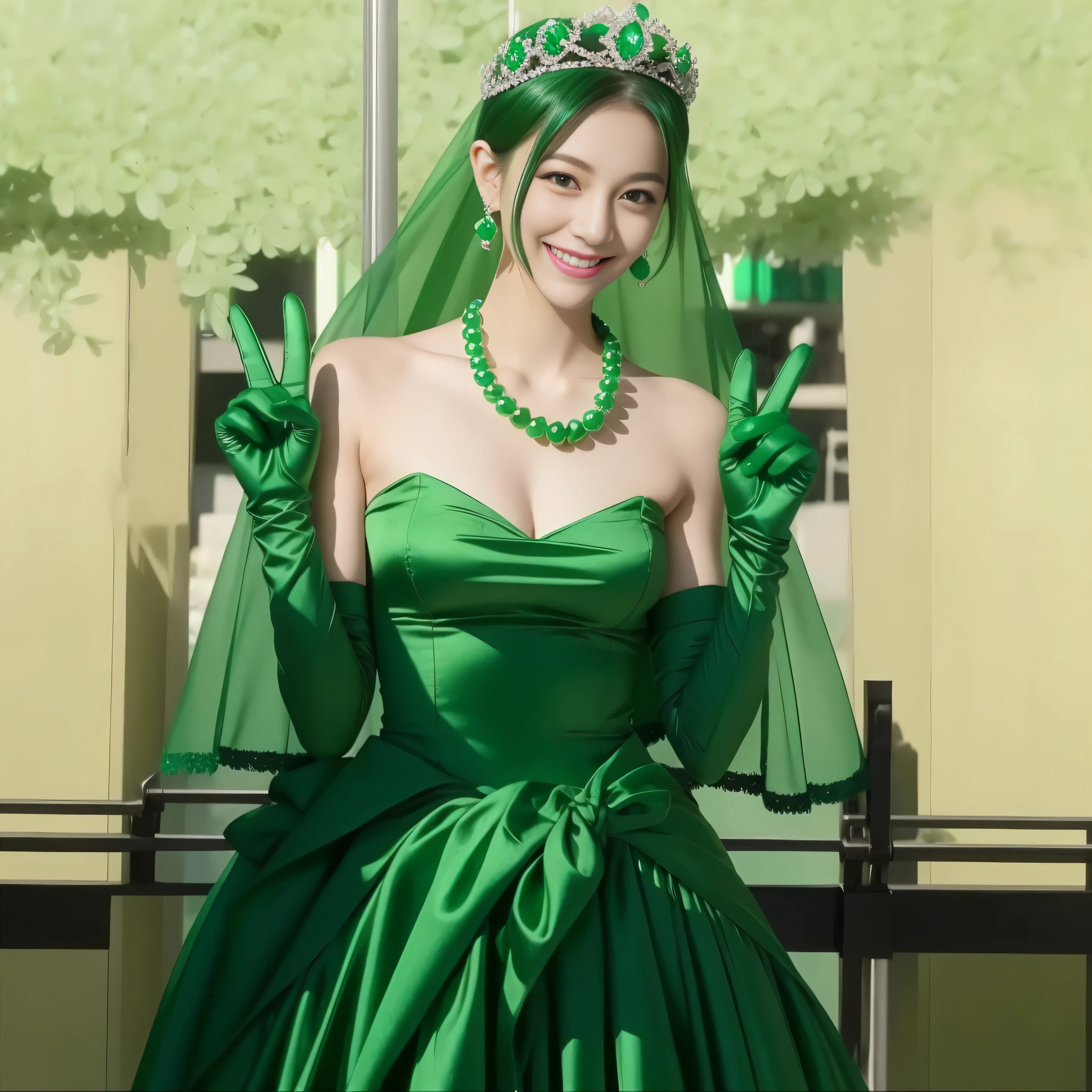 emerald tiara, green pearl necklace, boyish very short green hair, lipstick, smiling Japanese woman, very short hair, big breasts beautiful, green eyes, Long Green Satin Gloves, green eyes, V sign, emerald earrings, green veil