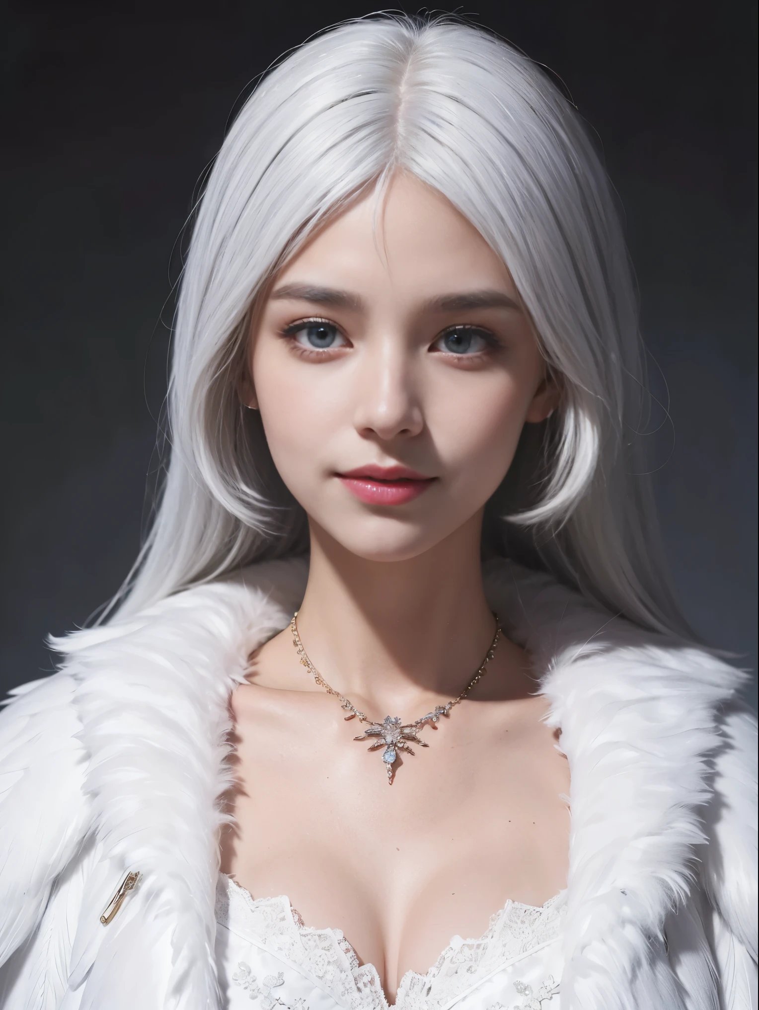 Girl, smile, detailed skin, white hair, necklace, elegant collar, fluffy smooth feather jacket, heterochromia, beautiful, pretty, high detailed, best quality, ultra detailed, Hyperrealistic, realistic, masterpiece, intricate, absurdres, hires
