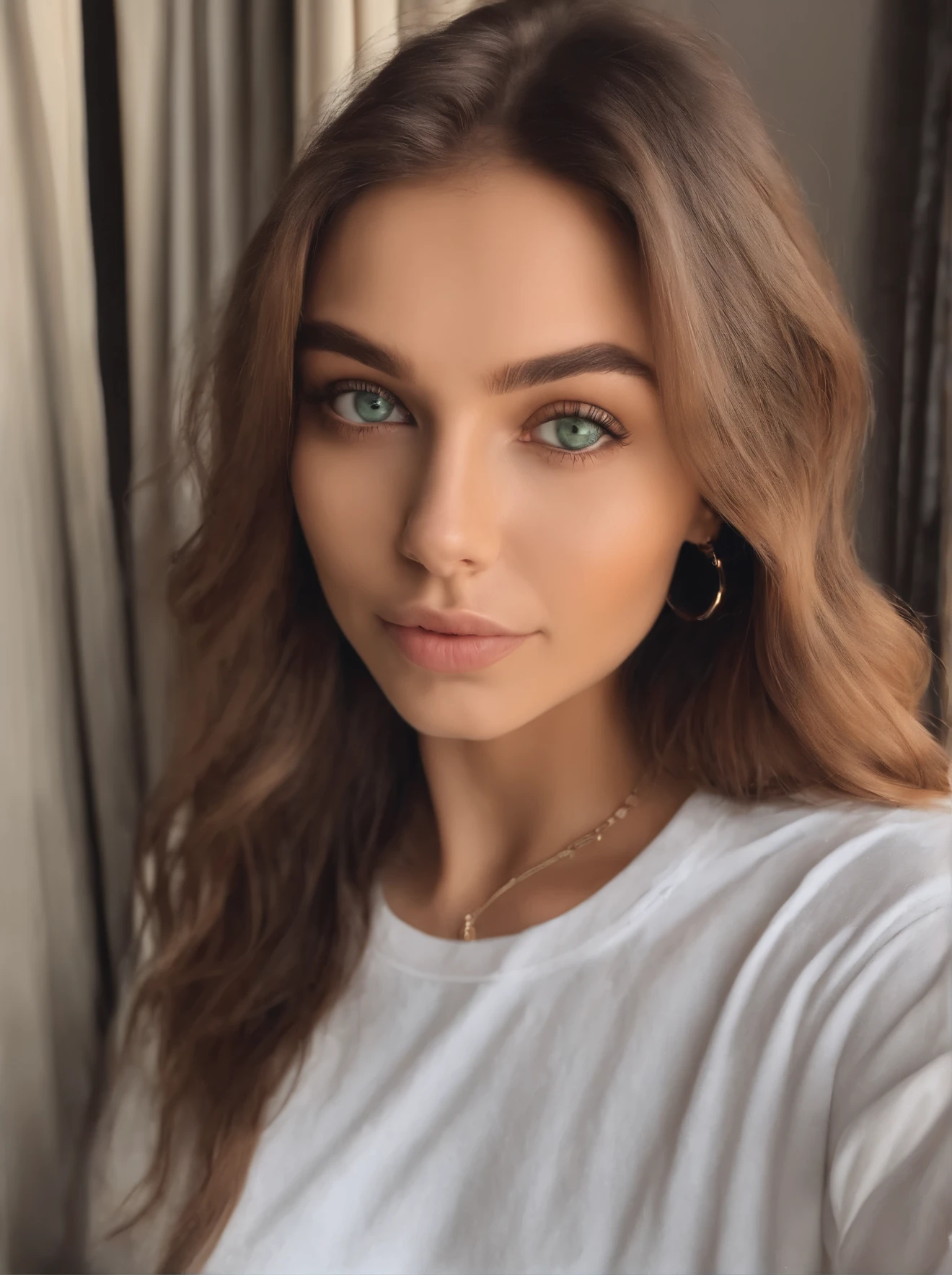 Arafed woman in white T-shirt and necklace, sexy girl with green eyes, portrait sophie mudd, brown hair and large eyes, selfie of a young woman, bedroom eyes, violet myers, no makeup, natural makeup, looking straight at camera, face with artgram, fine makeup, Stunning full-length shot, Piercing green eyes, beautiful angle, attractive pose, Sweet girl, sexy pose, full length image, full - body, shooting full body, Brunette goddess, high detail, Satisfied posture, leather pants