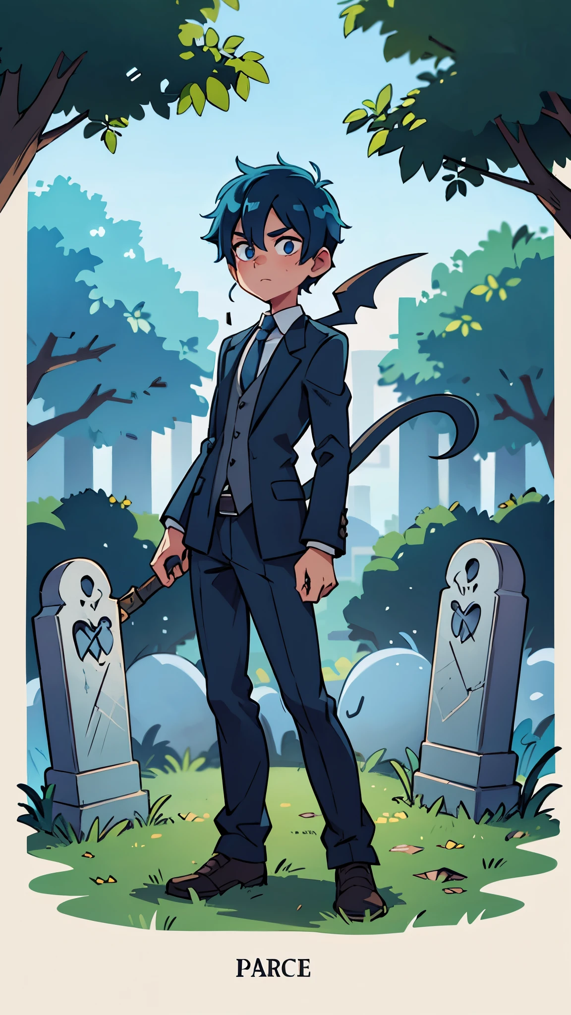 1 blue haired male , ghost , in a graveyard , wearing a grim reaper costume