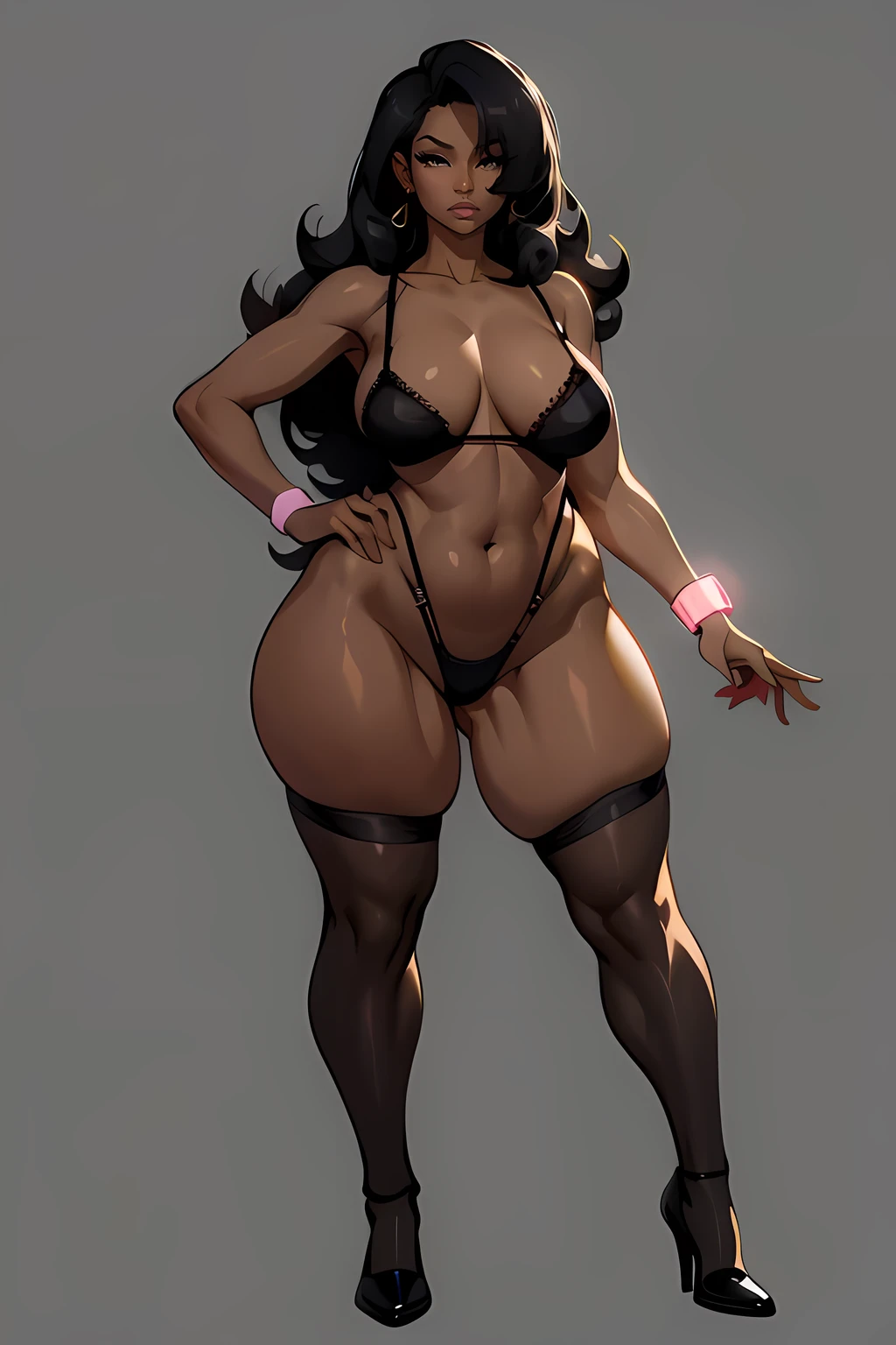 Nicki Minaj in lingerie, (dark skin), curly hair, sensual lingerie, Suspender stockings, looking at viewer, busty figure, (thick thighs) (medium breasts) well-defined legs, (chubby physique), frontal, full-length, looking at the camera, facing the audience, female public hair, background, three-dimensional light, sleek digital concept art, beautiful full-body concept art, art trend, CGsociety full-length,