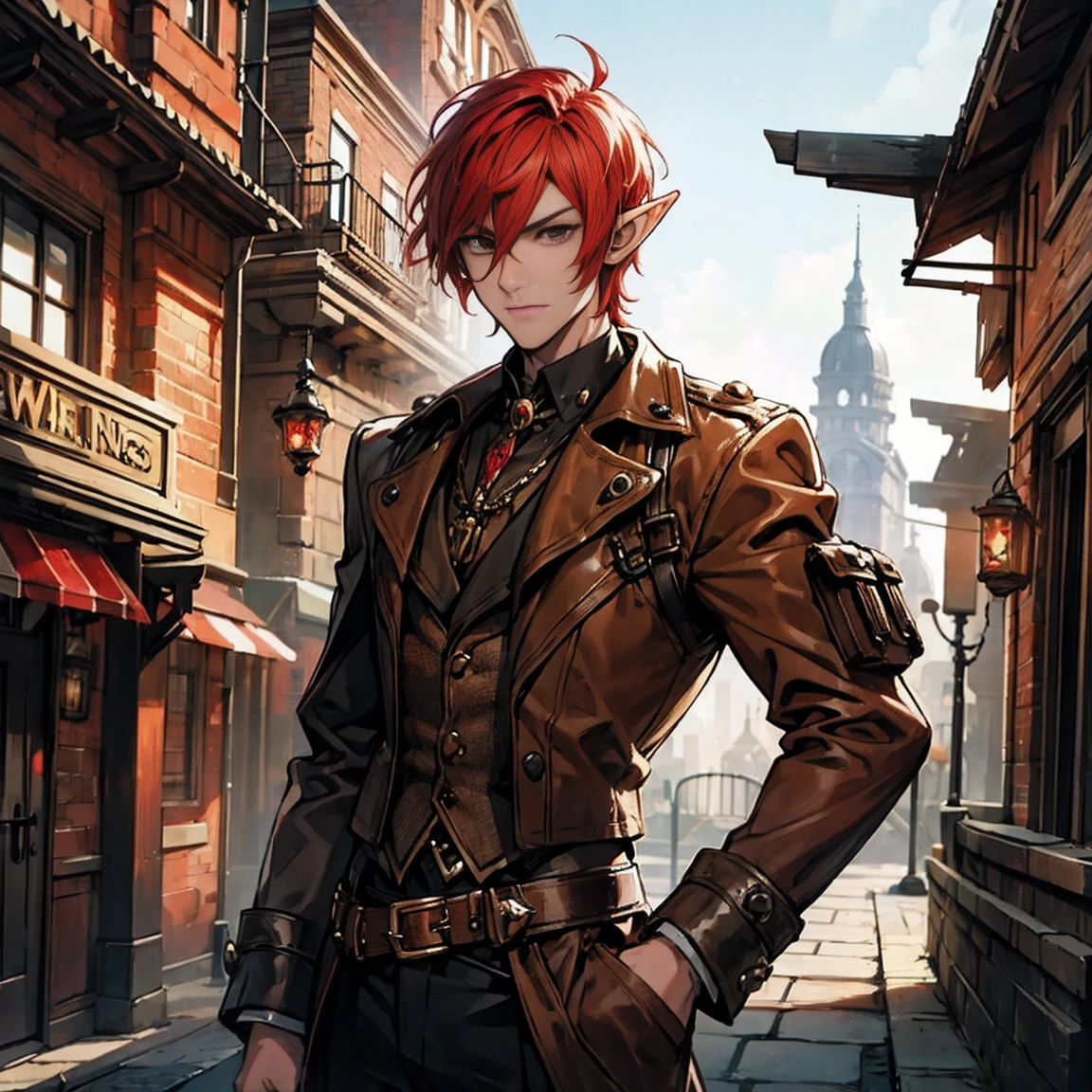 Man, male, young, red hair, brown eyes, steampunk, Steampunk scenery, elf, elf ear