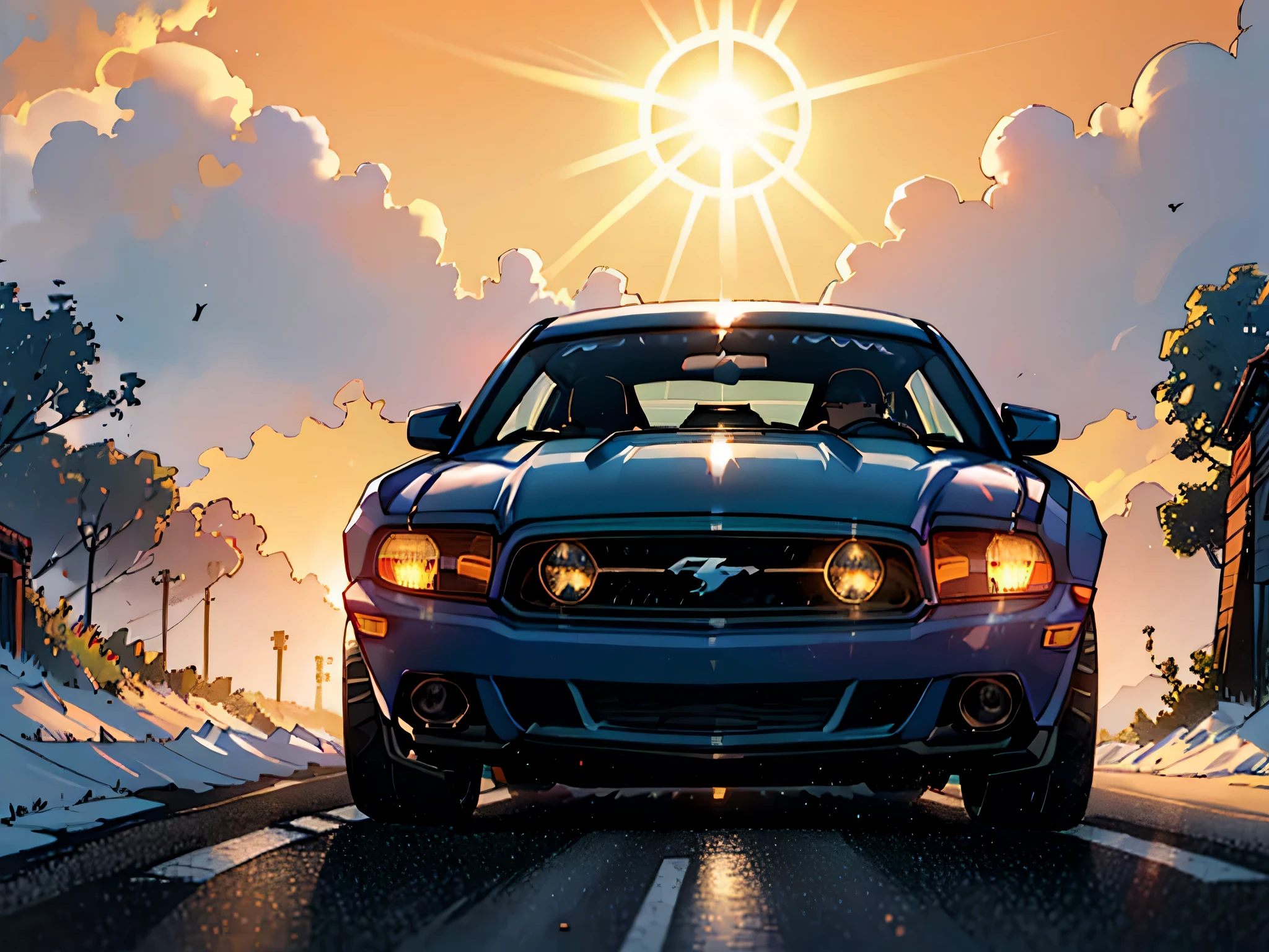 Visualize uma cena, onde um carro ford mustang azul se afasta em uma rodovia deserta, enveloped by the rays of the summer sun. O caminho se estende pela frente, pelo dia ensolarado. The mood is one of joy, com a estrada e o horizonte. Capture the feeling of joy and peace.