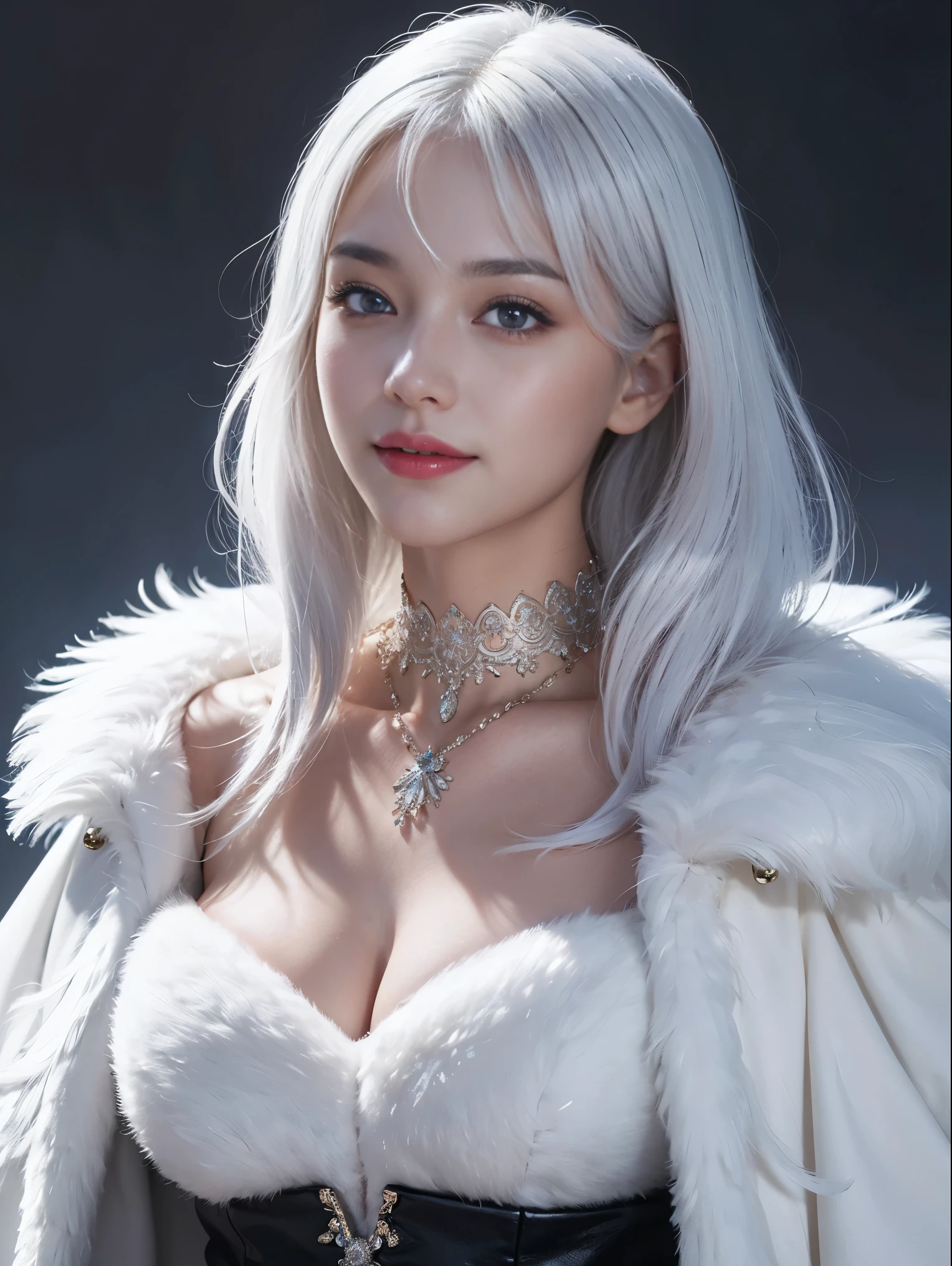 girl, Smile, Delicate skin, White hair, necklace, Elegant collar, Fluffy and silky feather jacket, Heterochromia, beautiful, beautiful, High Detail, best quality, Extremely detailed, Surrealism, Practical, masterpiece, complex, , Hiring