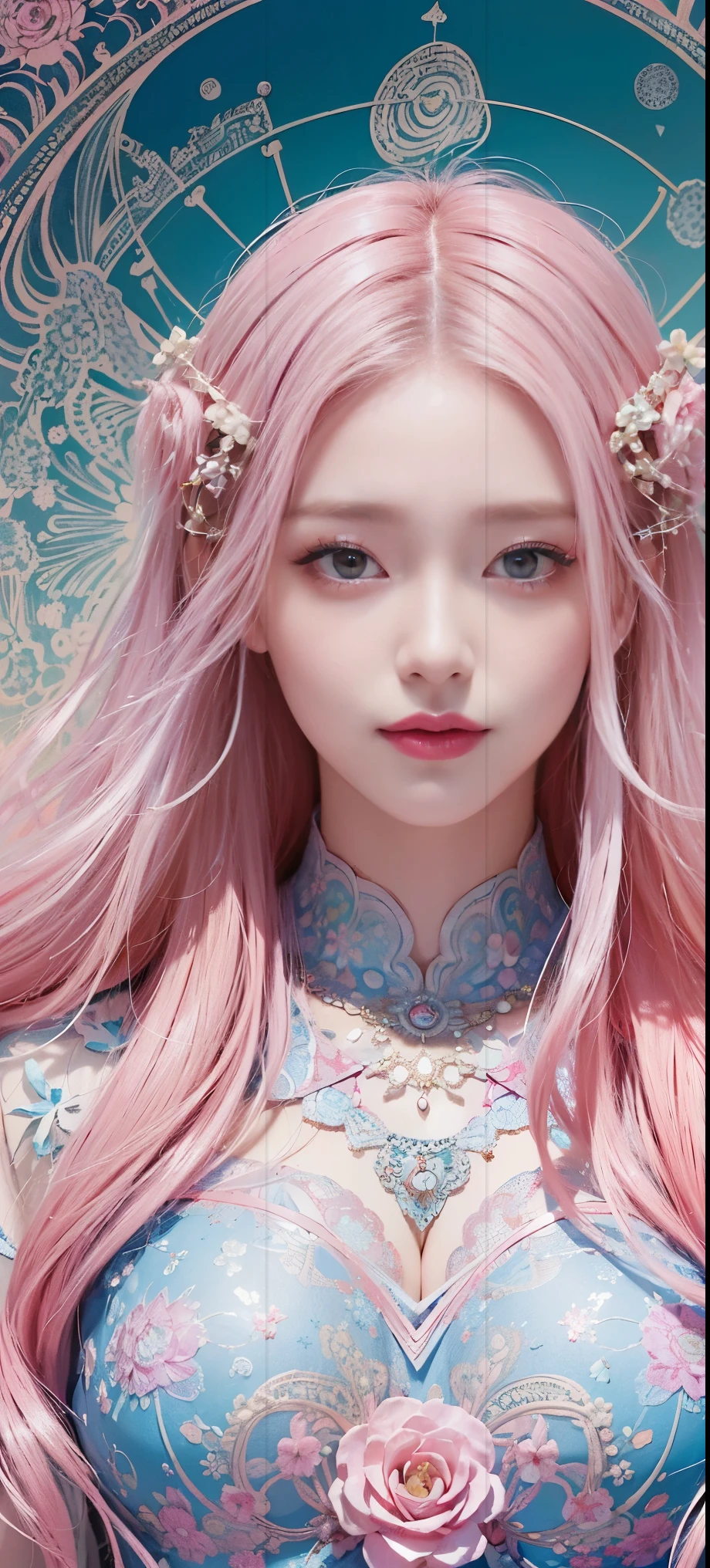 (Masterpiece, Top Quality, Best Quality, Official Art, Beauty and Aesthetics: 1.2), (1girl), Korean, (Smile), Extremely detailed, Colorful, Supreme Detailed, Uniform 8k wallpaper, Ultra detailed, Beautiful, Pale Pink hair color, (zentangle, flower, mandala, tangled, entangled), water art, surround, entangled, real, sci-fi background
