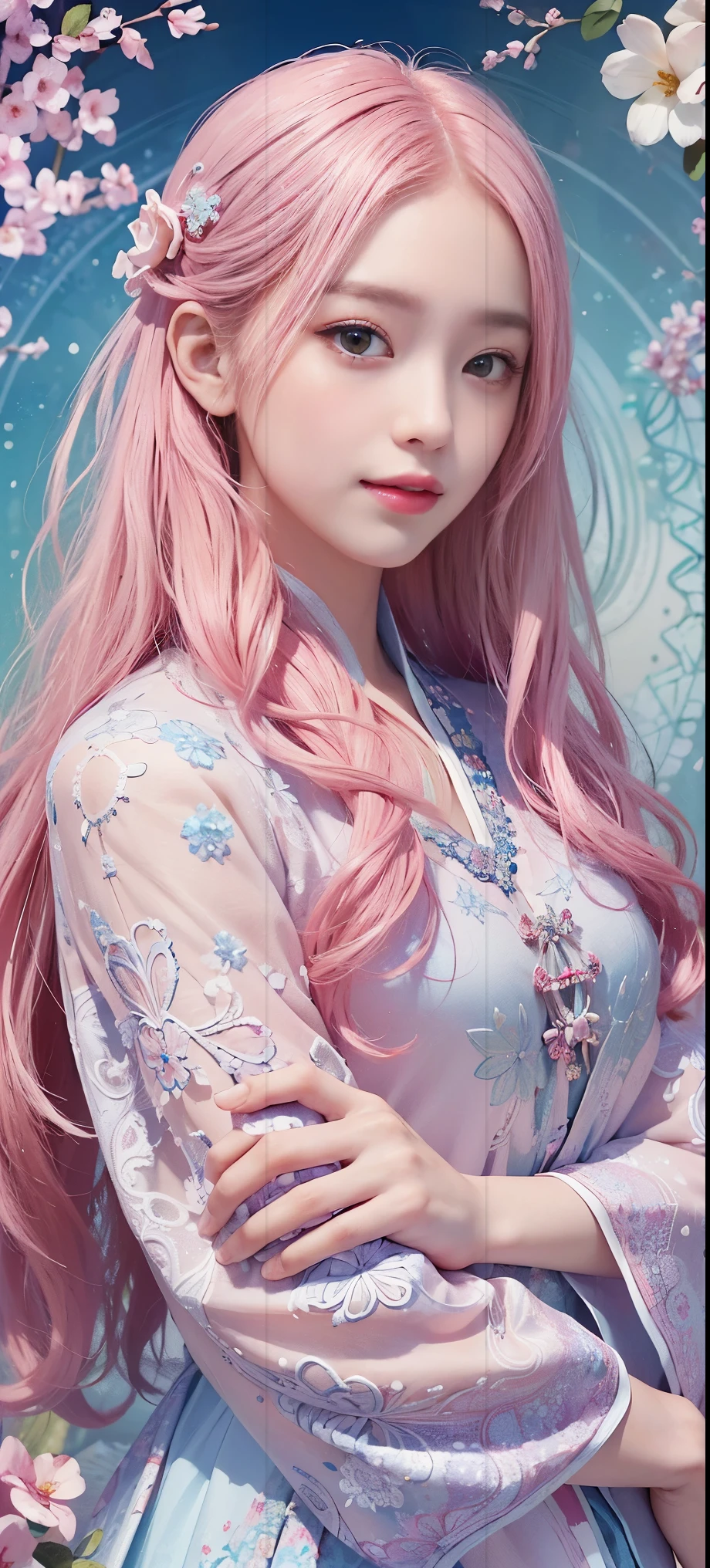 (Masterpiece, Top Quality, Best Quality, Official Art, Beauty and Aesthetics: 1.2), (1girl), Korean, (Smile), Extremely detailed, Colorful, Supreme Detailed, Uniform 8k wallpaper, Ultra detailed, Beautiful, Pale Pink hair color, (zentangle, flower, mandala, tangled, entangled), water art, surround, entangled, real, sci-fi background