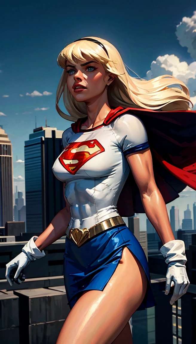 (cowboy shot), sfw, (masterpiece), (best quality:1.0), (ultra highres:1.0), detailed eyes,
BREAK
Alexandra Daddario as Supergirl, 1girl, long brunette hair, midair, flying
hairband, \(white\) crop top, short sleeves, muscular physique, muscles with veins, cape, blue pencil skirt, gloves, boots
BREAK
(clouds, city, gorgeous view)