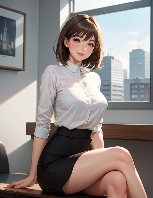 1lady sitting (crossed legs), office worker (stylish outfit), mature female, /(light brown hair/) bangs, blush kind smile, (masterpiece best quality:1.2) delicate illustration ultra-detailed, (modern office indoors), window cityscape, detailed background
