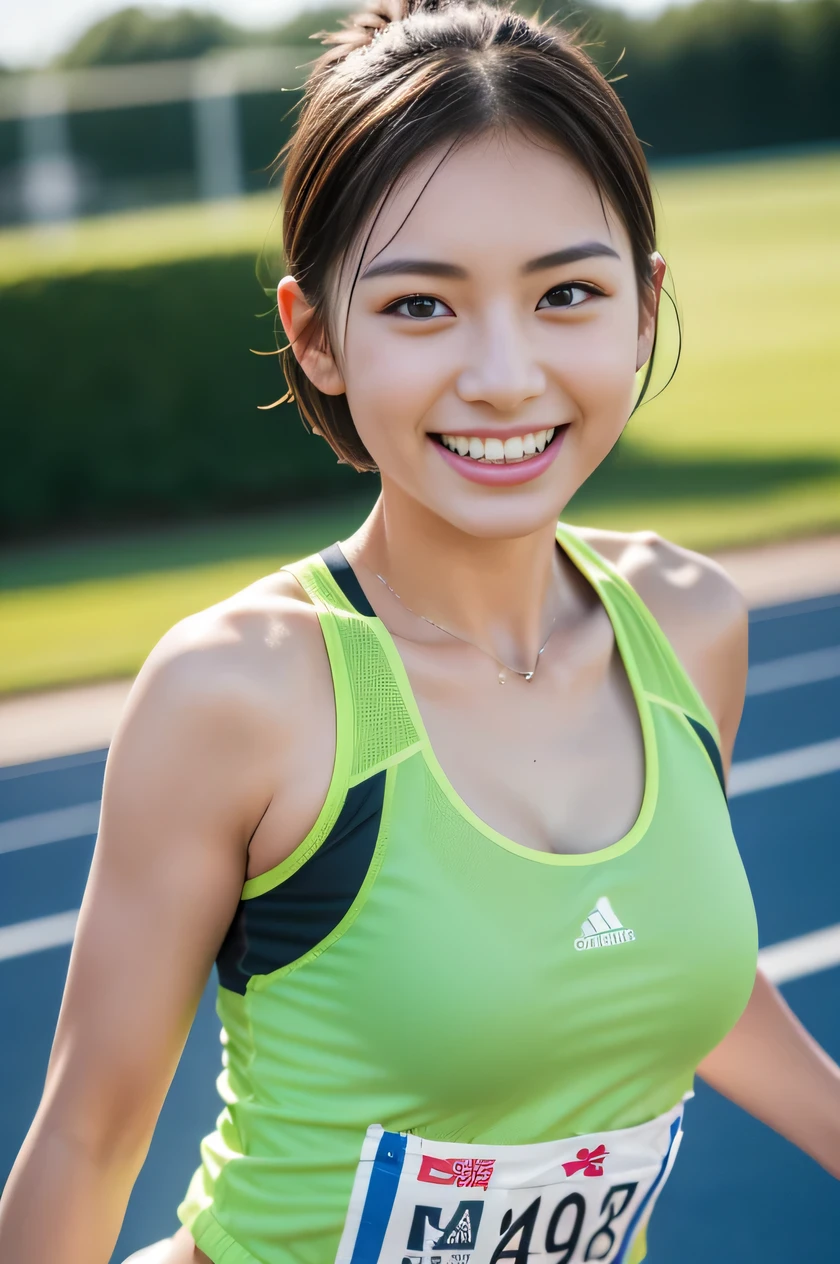 The beauty of 8K raw photos:2.0, short hair,20-year-old, great face and dark eyes, stare at the camera, A smile full of joy:1.6, show teeth, dynamic pose, go for a run, (Green Sportswear:1.2)、wear sneakers:1.4, realistic:1.9, very detailed CG 統合 8k 壁紙, very detailed, High resolution RAW color photos, professional photos, Photographed at track field, girl sexy portrait