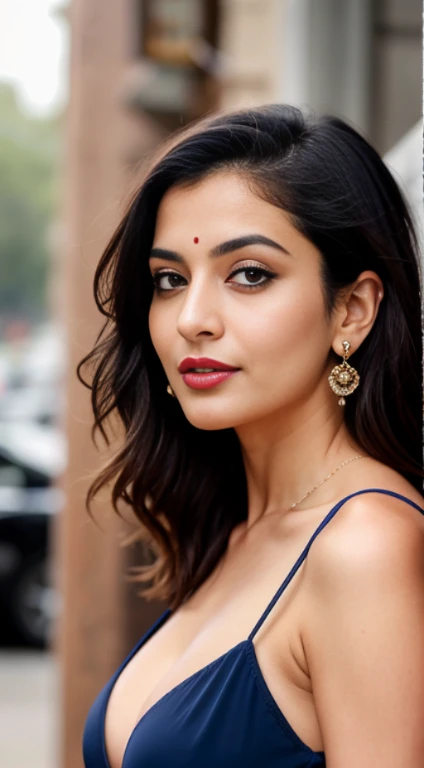 create a hyper realistic vertical photo of [[North Indian ]]most attractive woman in her 40s, blue color Sundress, extra big chest, 36d, flirty gaze, Feathered Bob , trending on artstation, portrait, digital art, modern, sleek, highly detailed, formal, determined, pink liner lipstick, soft lips, black eyes
