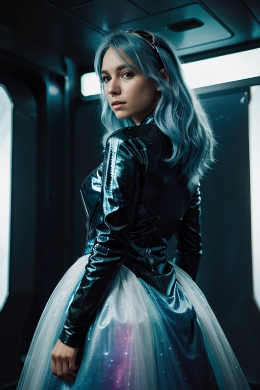 A woman with aquamarine hair, futuristic dress, colorful space nebula, in the style of Annie Leibovitz, high contrast, shallow depth of field --chaos 30 --ar 4:5 --stylize 800