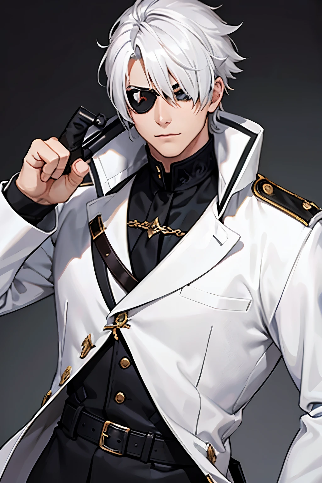 1 man, mature, white hair, serious expression, eyepatch on left eye,