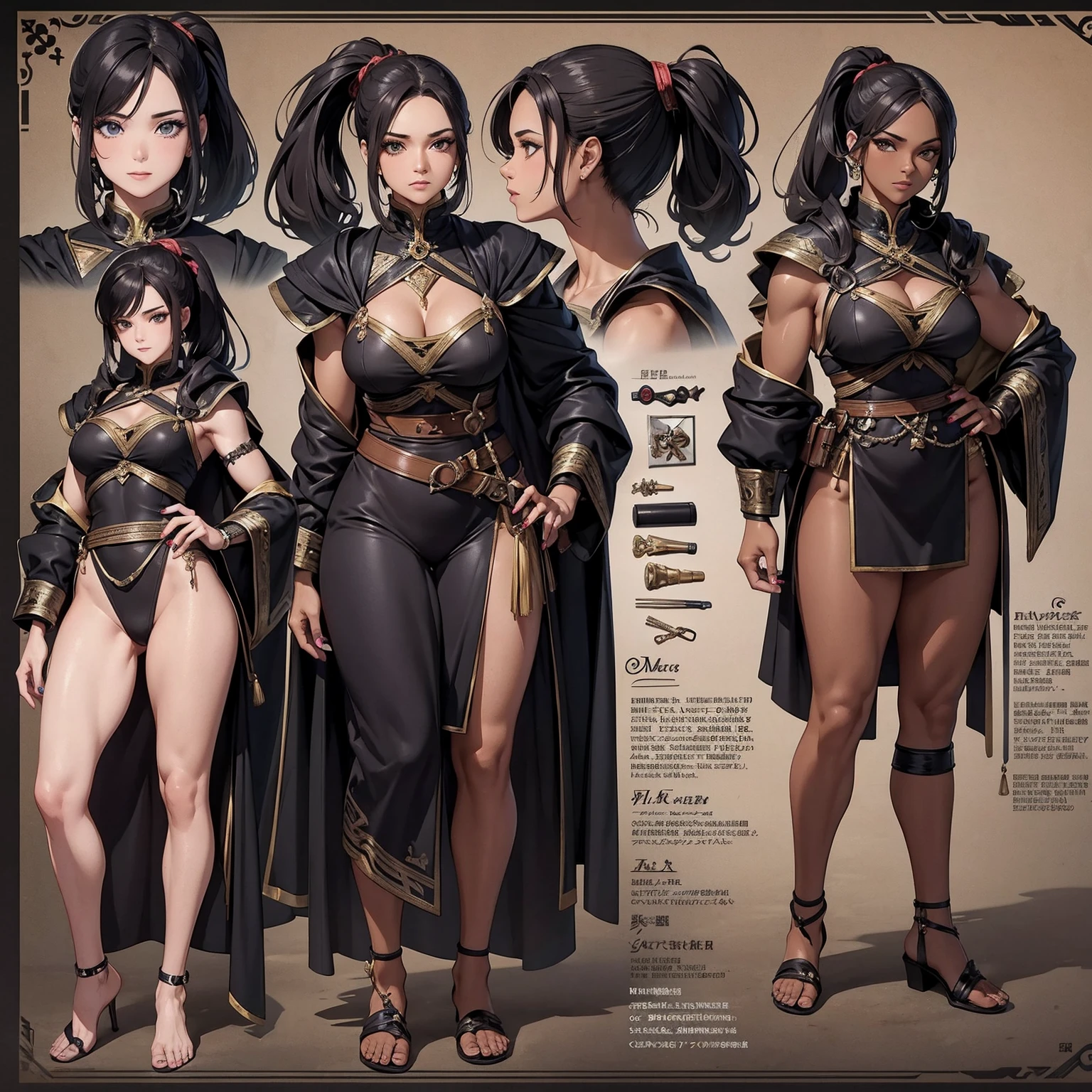 Masterpiece, best quality) detailed, character sheet, many items (**+ detailed item description**, many parts), **+ character description**, full of details. Martial artist, muscular female, dark skin , makeup, nail polish, adventurer, fantasy , medieval, ponytail, swept bangs