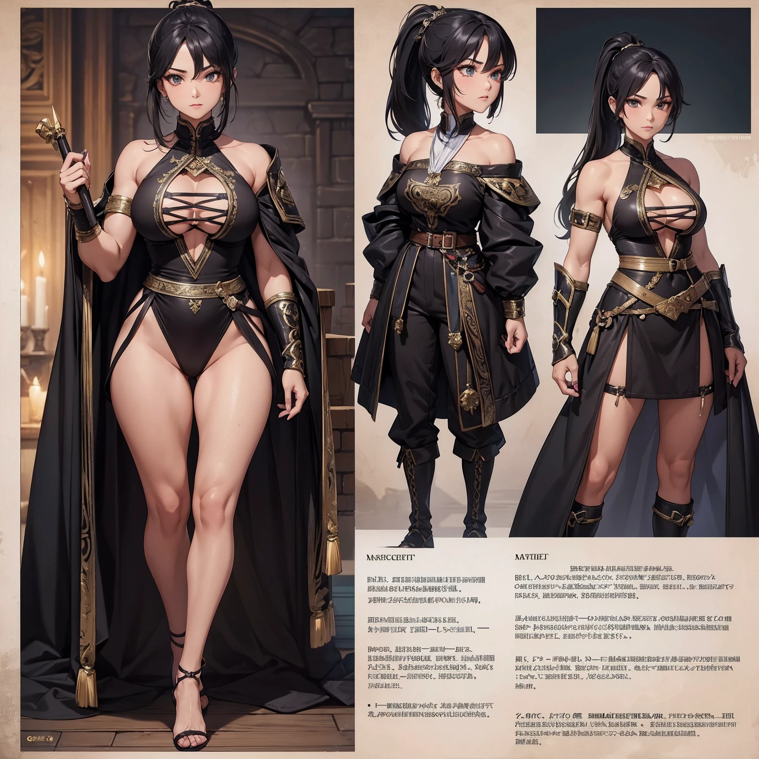 Masterpiece, best quality) detailed, character sheet, many items (**+ detailed item description**, many parts), **+ character description**, full of details. Martial artist, muscular female, dark skin , makeup, nail polish, adventurer, fantasy , medieval, ponytail, swept bangs