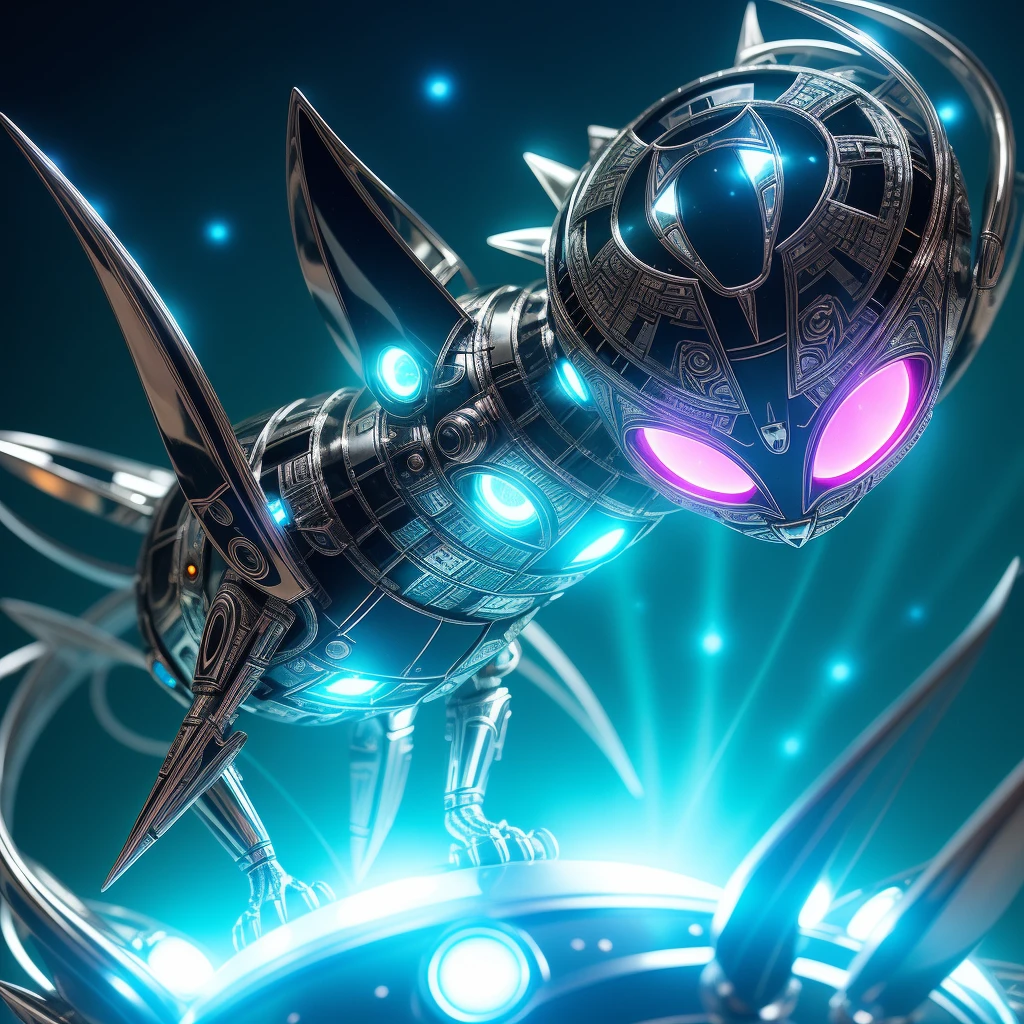 A mysterious UFO shape, disguised as a playful cat figure, (alien technology:1.1), (shiny silver surfaces:1.3), intricately designed, HDR, (glowing lights:1.2), extraterrestrial encounter, otherworldly creature, hyperdetailed metallic claws, cinematic close-up, vignette, centered, spiraled antenna, mystifying expression.