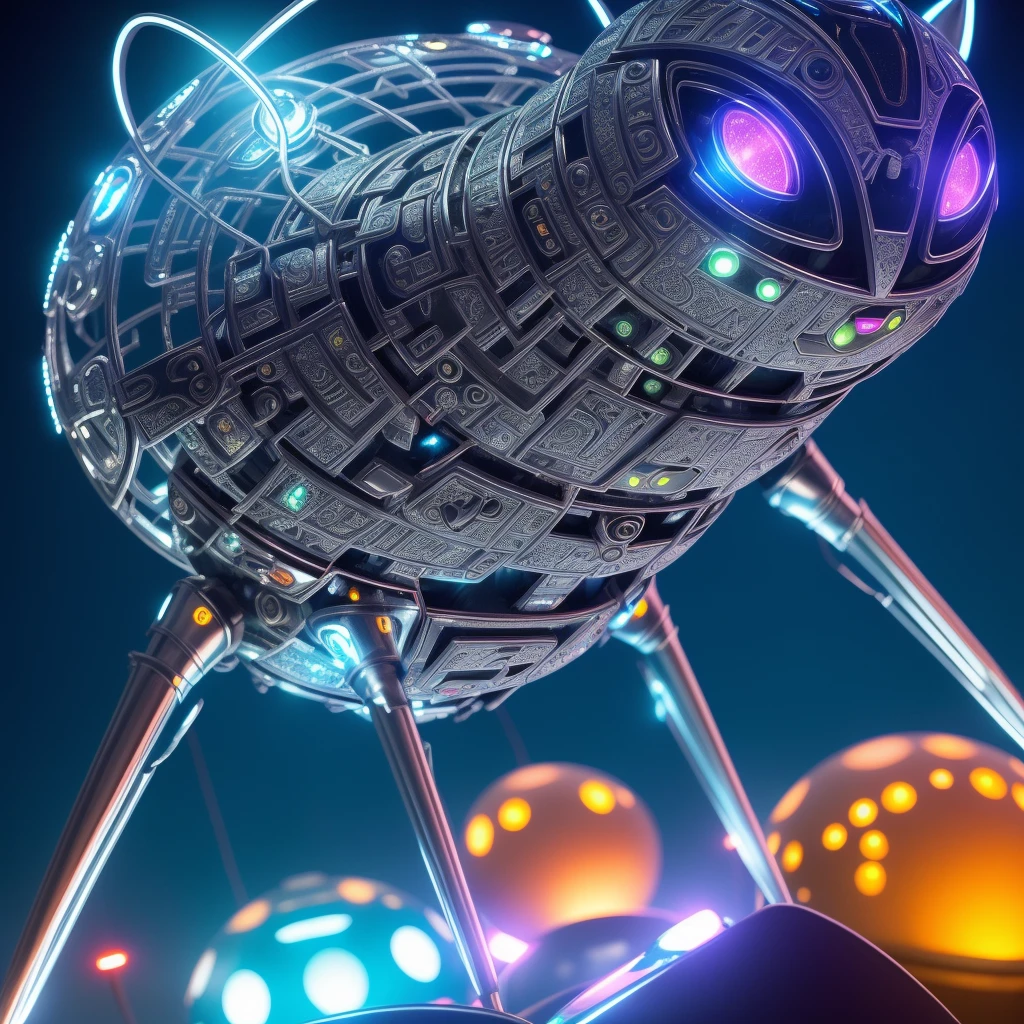 A mysterious UFO shape, disguised as a playful cat figure, (alien technology:1.1), (shiny silver surfaces:1.3), intricately designed, HDR, (glowing lights:1.2), extraterrestrial encounter, otherworldly creature, hyperdetailed metallic claws, cinematic close-up, vignette, centered, spiraled antenna, mystifying expression.